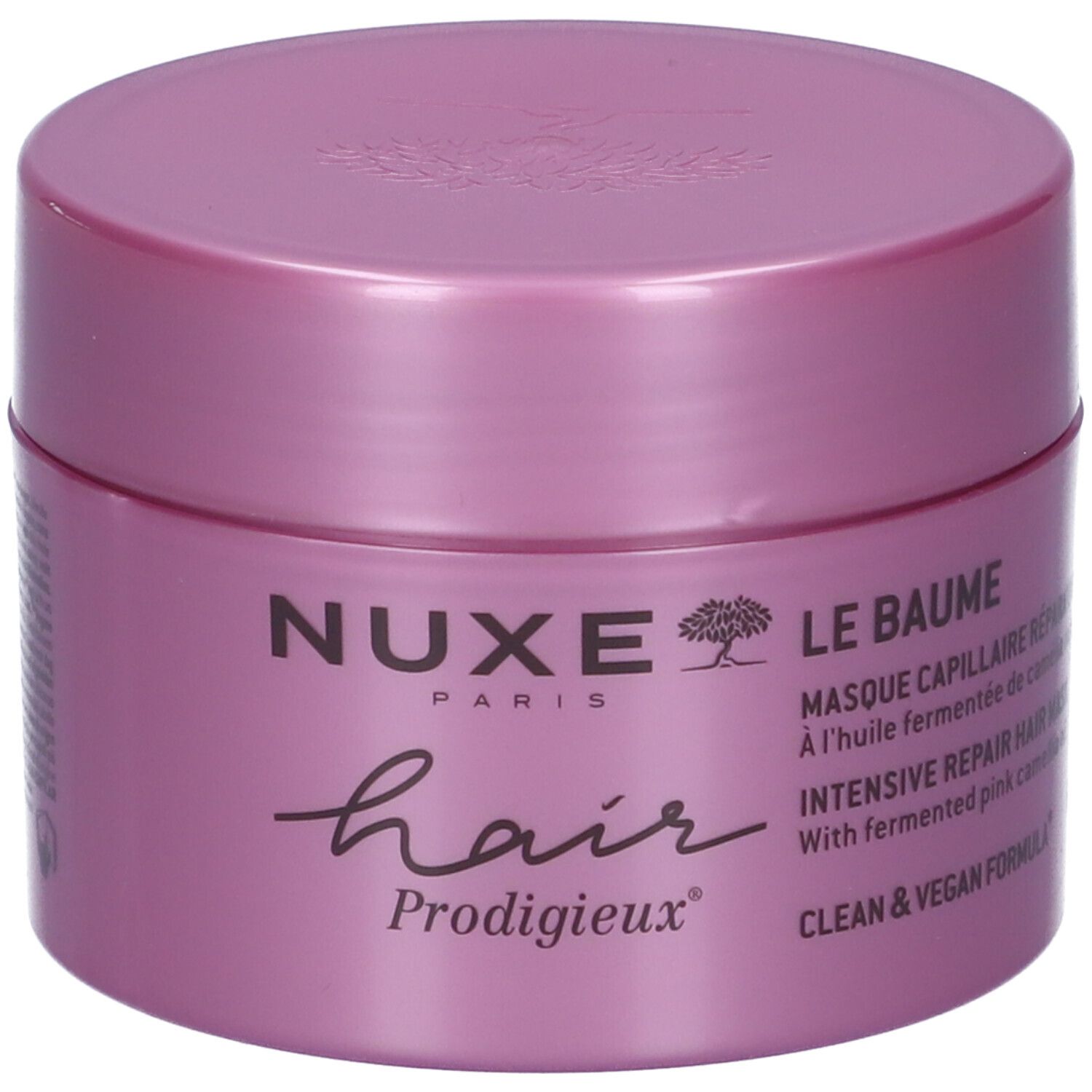 Nuxe Hair Prodigieux Le Baume: Pot violet contenant un masque capillaire. Réparation intensive, huile de camélia rose fermentée.