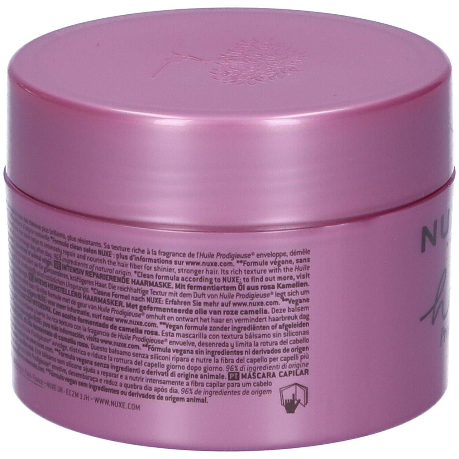 Pot de masque capillaire violet avec texte et logo.