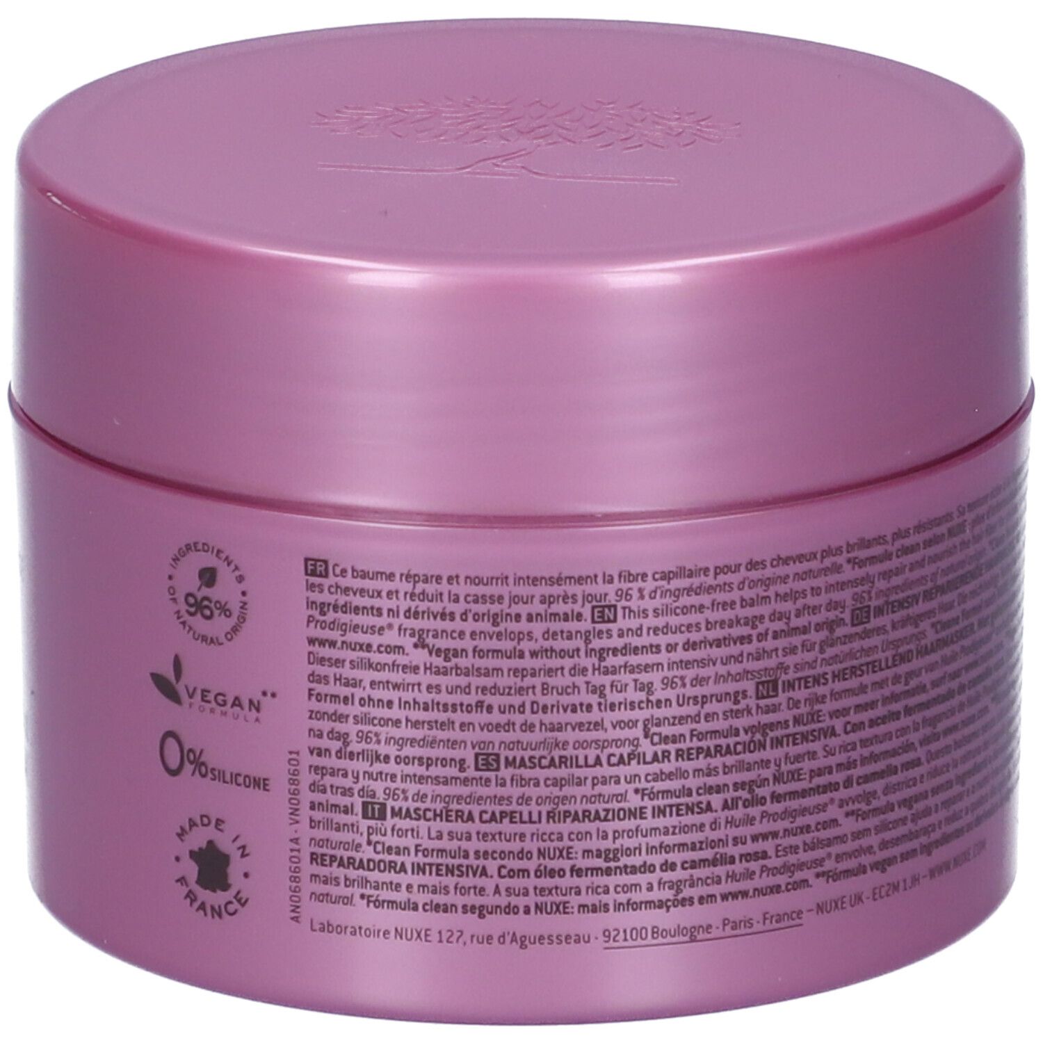 Pot de masque capillaire violet avec texte imprimé. Contient 96% d'ingrédients naturels, est vegan et sans silicone.