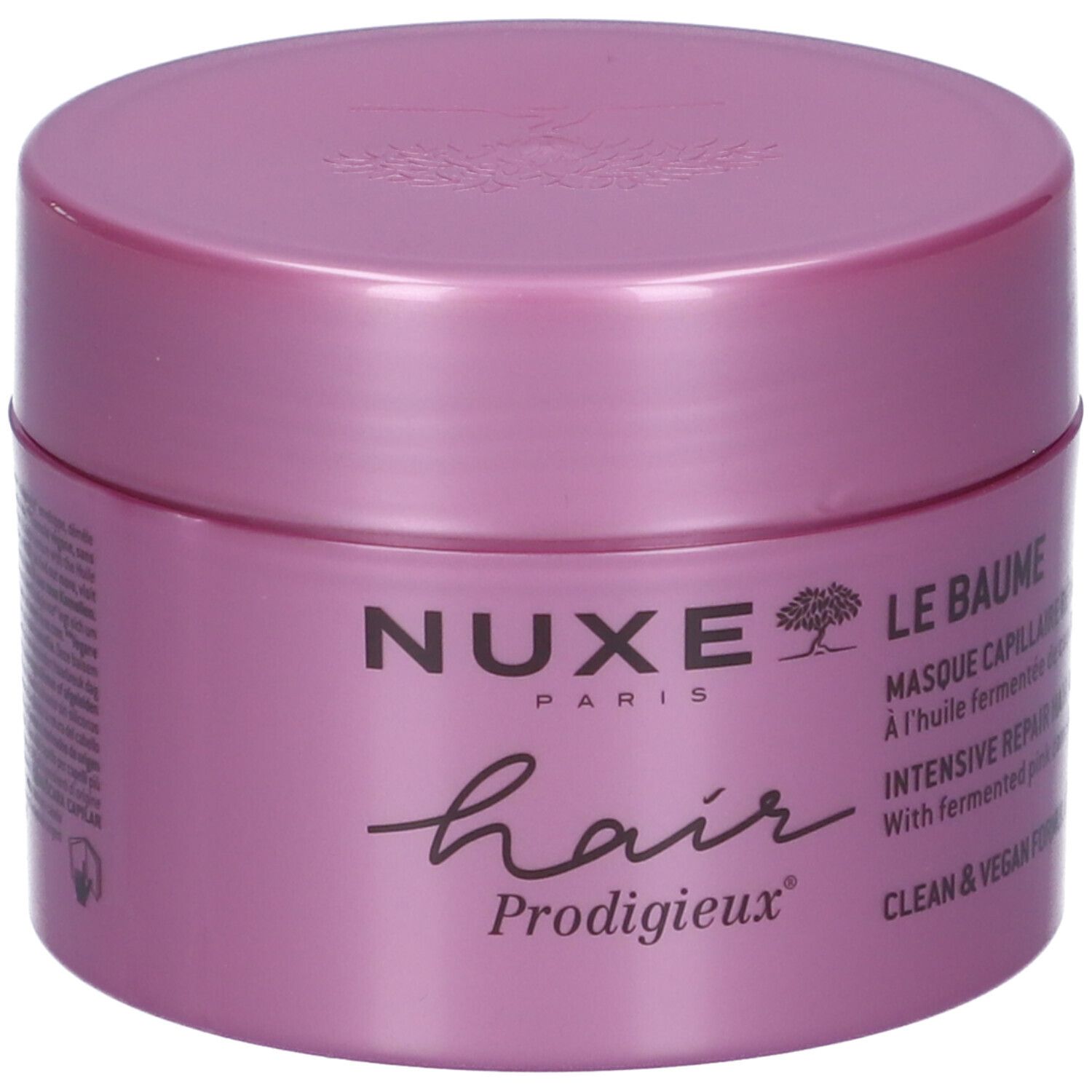 Nuxe Hair Prodigieux Le Baume soin capillaire dans un pot rond rose. Inscriptions: Nuxe Paris, hair Prodigieux, Le Baume, Masque Capillaire, Intensive Repair.