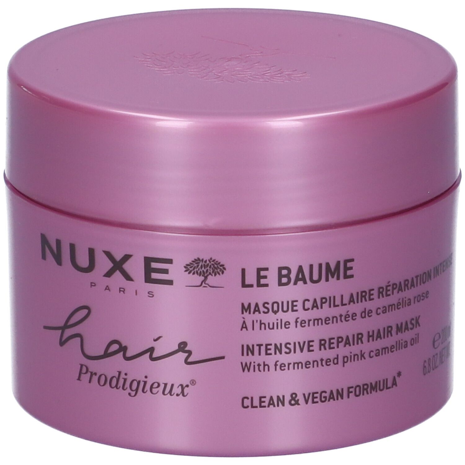 Masque capillaire Nuxe Le Baume dans un pot rose, formule réparatrice intensive.