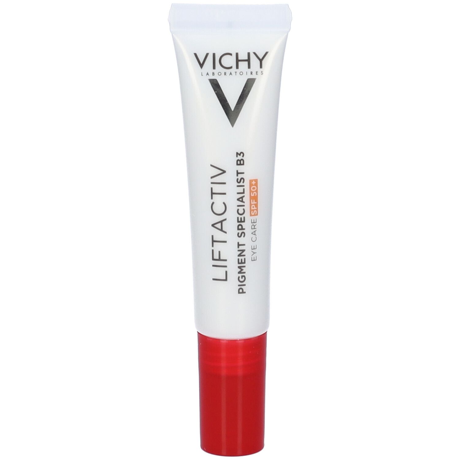 Witte tube met rode dop. Opschrift: Vichy, Liftactiv Pigment Specialist B3, Eye Care SPF 50+.