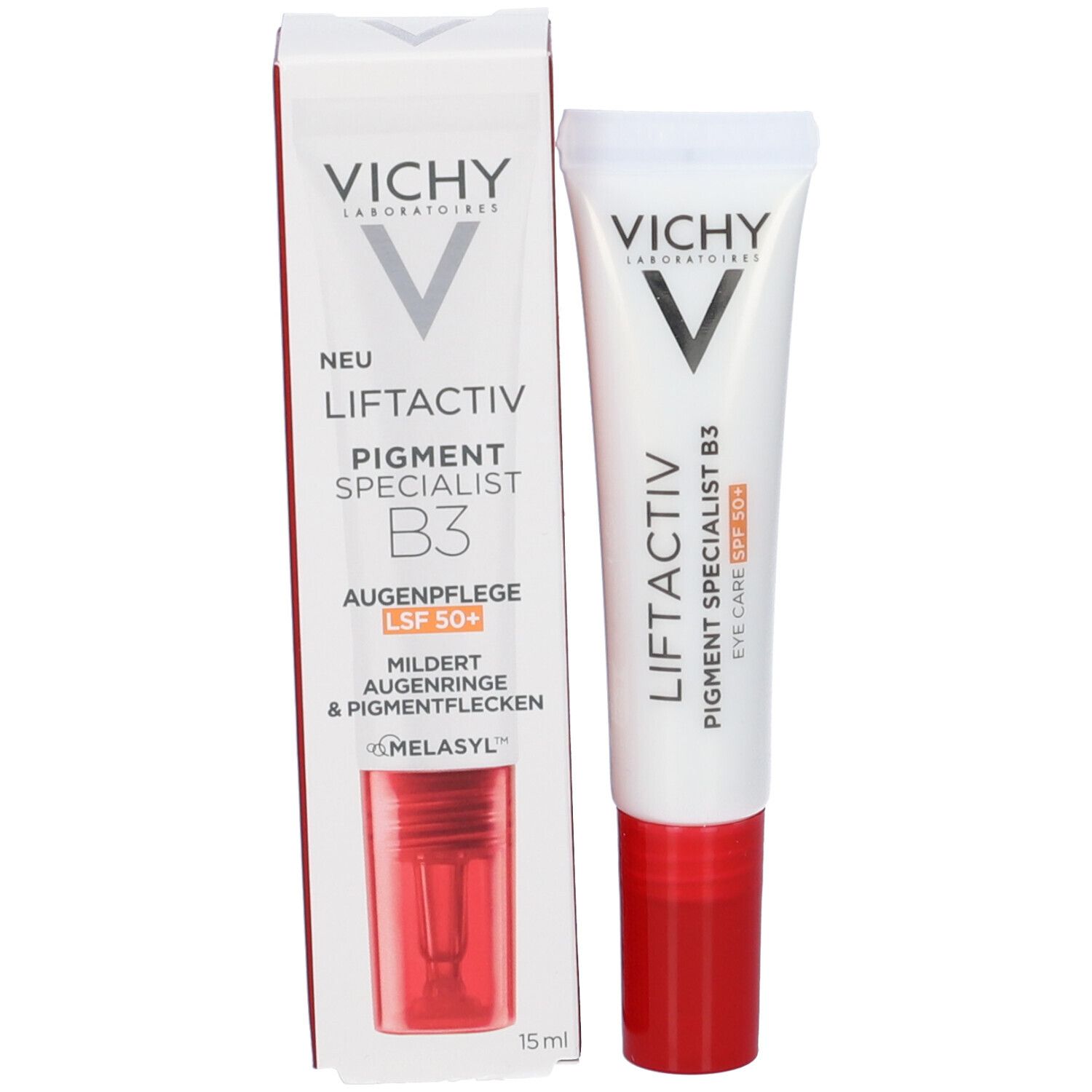 Verpakking en tube. Verpakking: Vichy, Liftactiv Pigment Specialist B3, Oogverzorging SPF 50+. Tube ernaast.