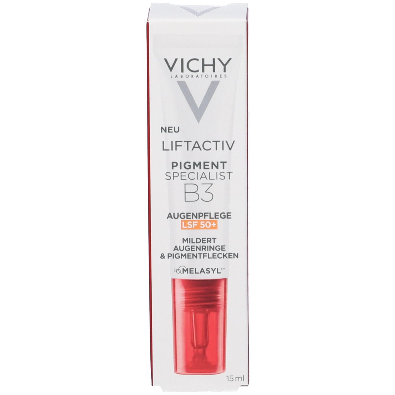 Productverpakking. Vichy, Liftactiv Pigment Specialist B3, Oogverzorging SPF 50+. Rode tube afgebeeld.