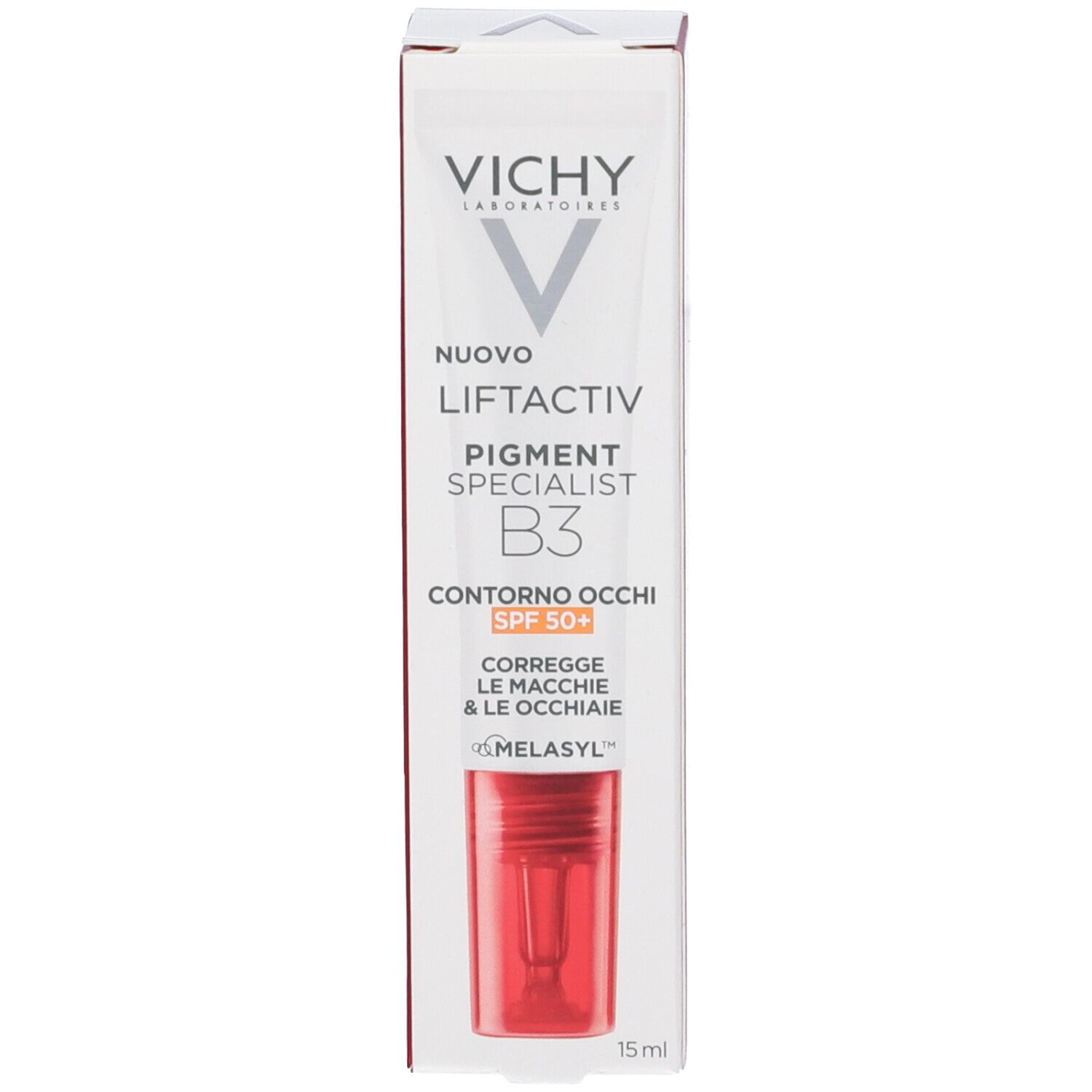 Productverpakking. Vichy, Liftactiv Pigment Specialist B3, Oogcontour SPF 50+. Rode tube afgebeeld.