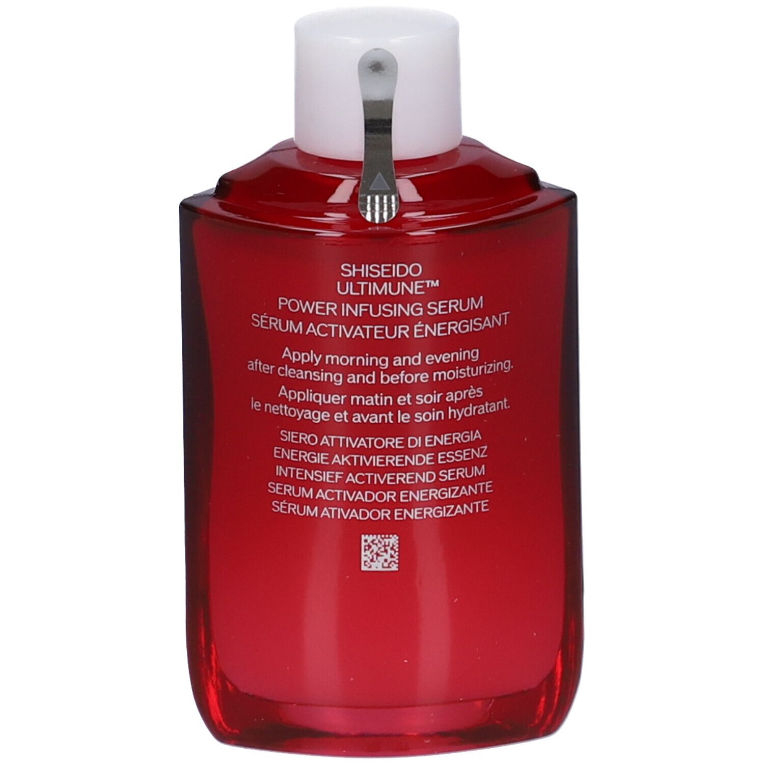 Rode fles met witte dop. Opschrift: SHISEIDO ULTIMUNE. Achterkant met tekst in meerdere talen.