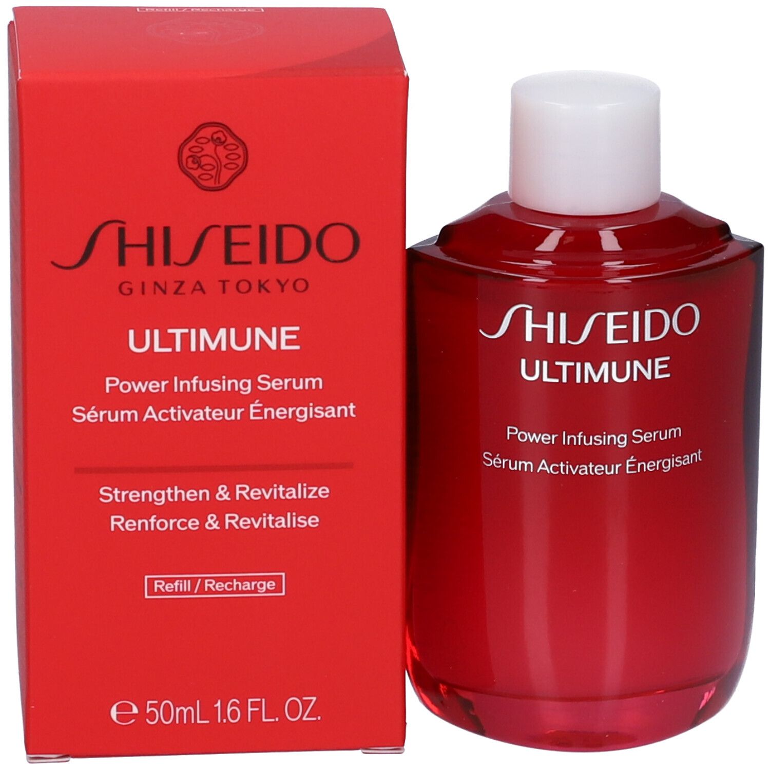Rode doos en fles. Opschrift: SHISEIDO ULTIMUNE Power Infusing Serum. Frans: Sérum Activateur Énergisant. Met Refill-aanduiding.