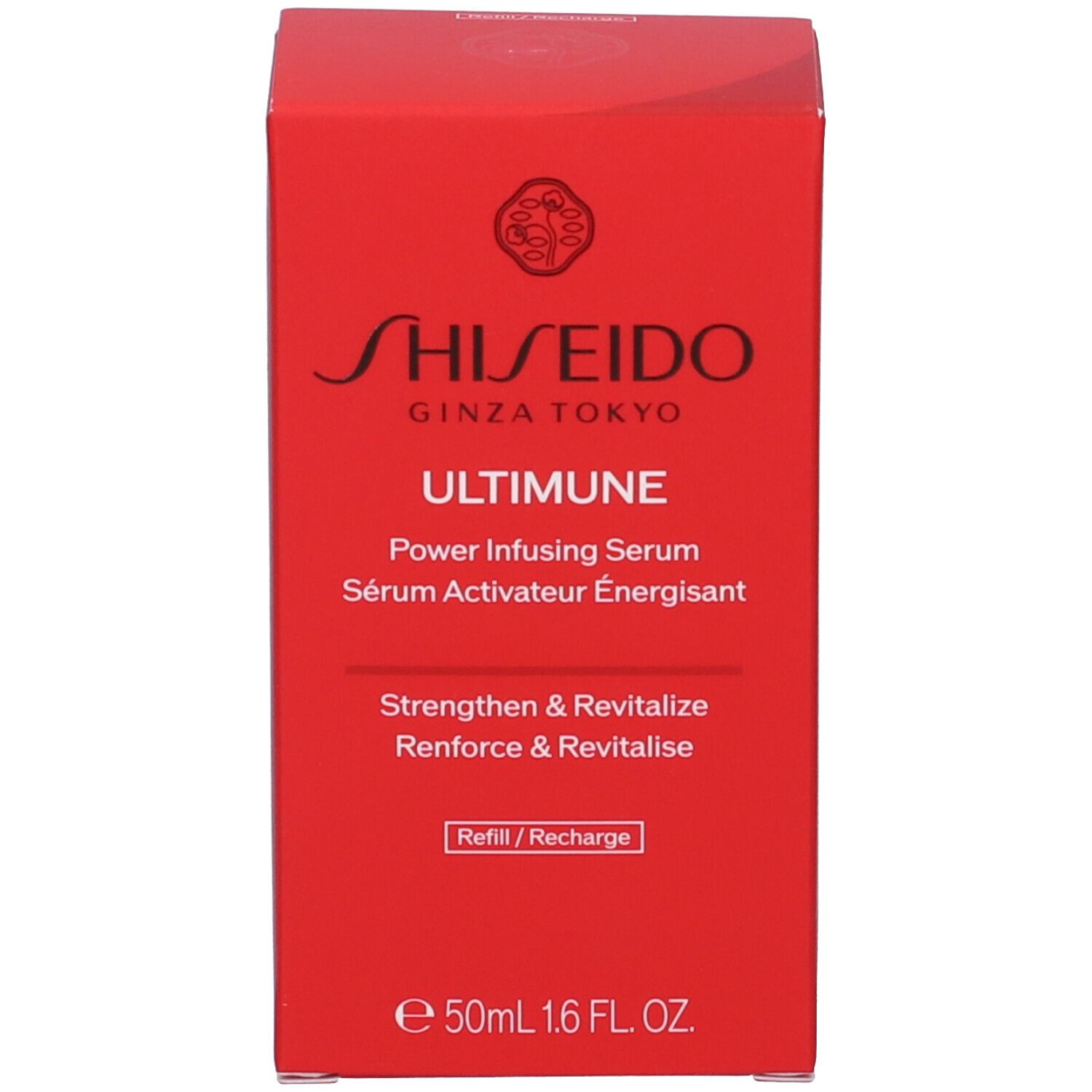Rode doos. Opschrift: SHISEIDO ULTIMUNE Power Infusing Serum. Frans: Sérum Activateur Énergisant. Met Refill-aanduiding.