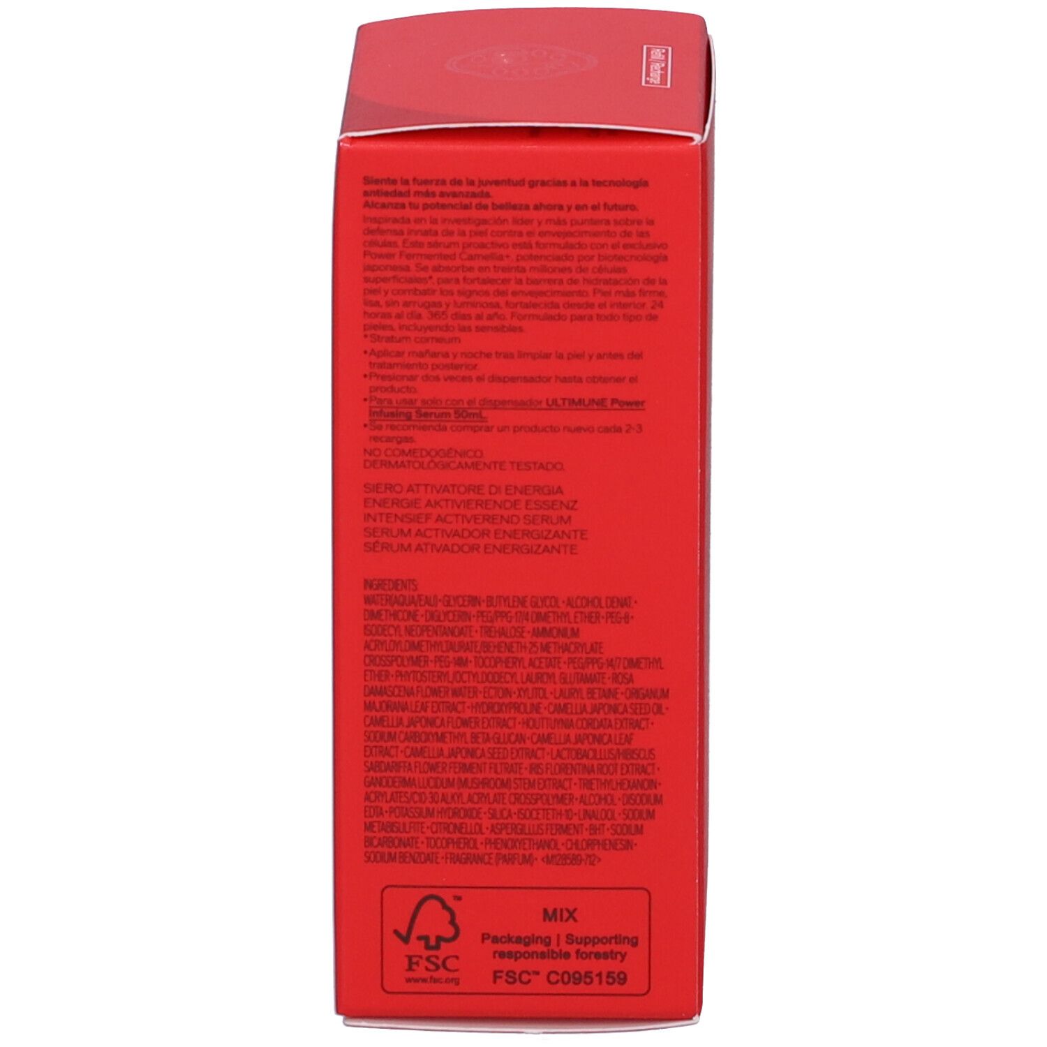 Rode doos, zijkant met tekst in meerdere talen. Bevat ingrediënten en FSC-certificering.