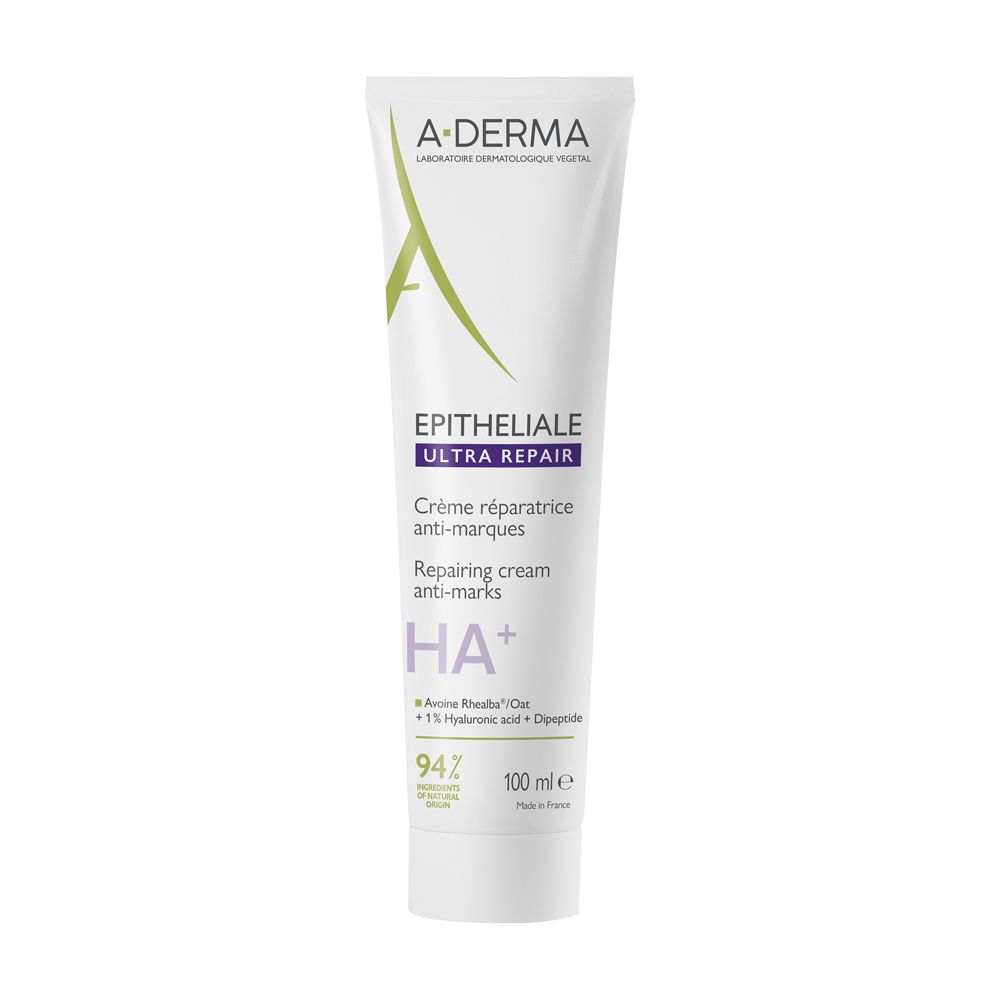 Tube de crème avec logo et nom du produit. Blanc, avec des accents verts et violets. Inscription : A-DERMA Epitheliale Ultra Repair.