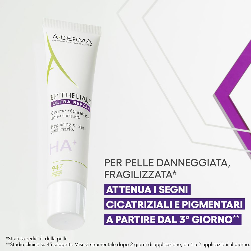 Tube de crème avec logo et nom du produit. Texte : Per pelle danneggiata, fragilizzata. Attenua i segni cicatriziali.