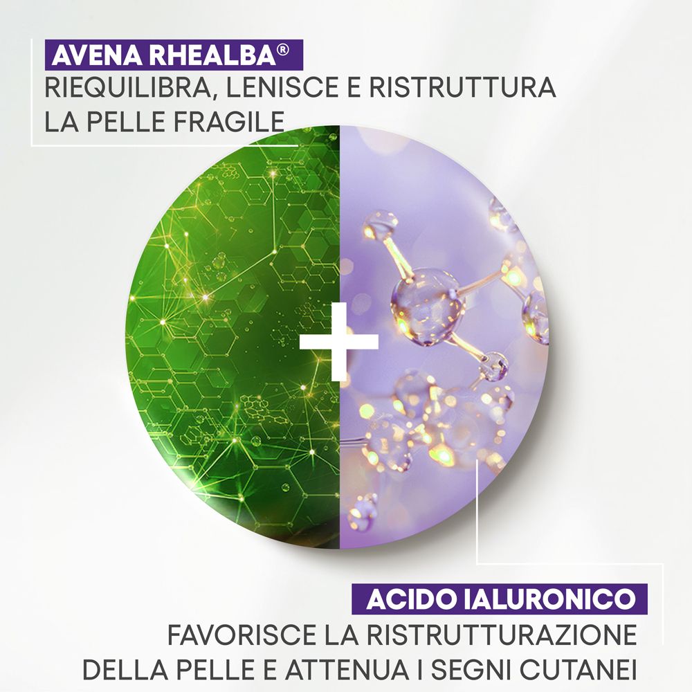 Graphique avec éléments verts et violets. Texte : Avena Rhealba, Acido Ialuronico. Favorise la régénération cutanée.