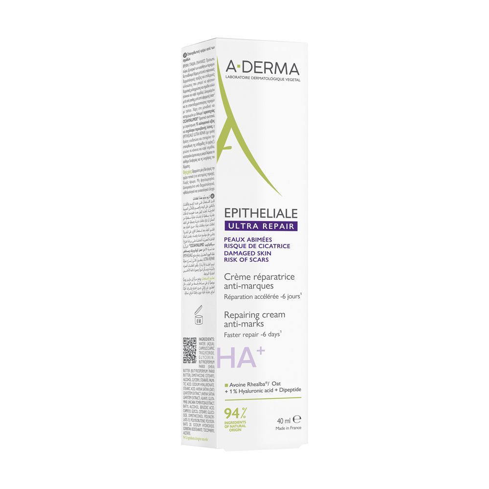 Emballage du produit. Texte : A-DERMA Epitheliale Ultra Repair. Crème réparatrice anti-marques. 40ml.