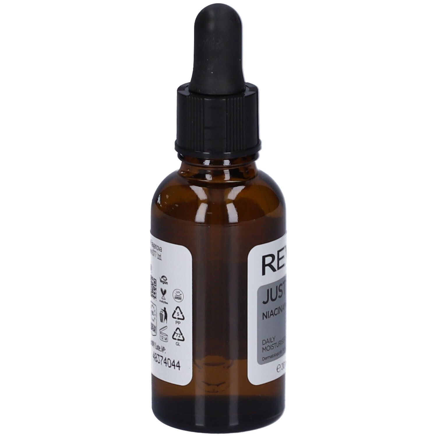 Flacon en verre brun avec compte-gouttes noir. Dos avec étiquette et symboles. Revox B77 Just Niacinamide 10%.