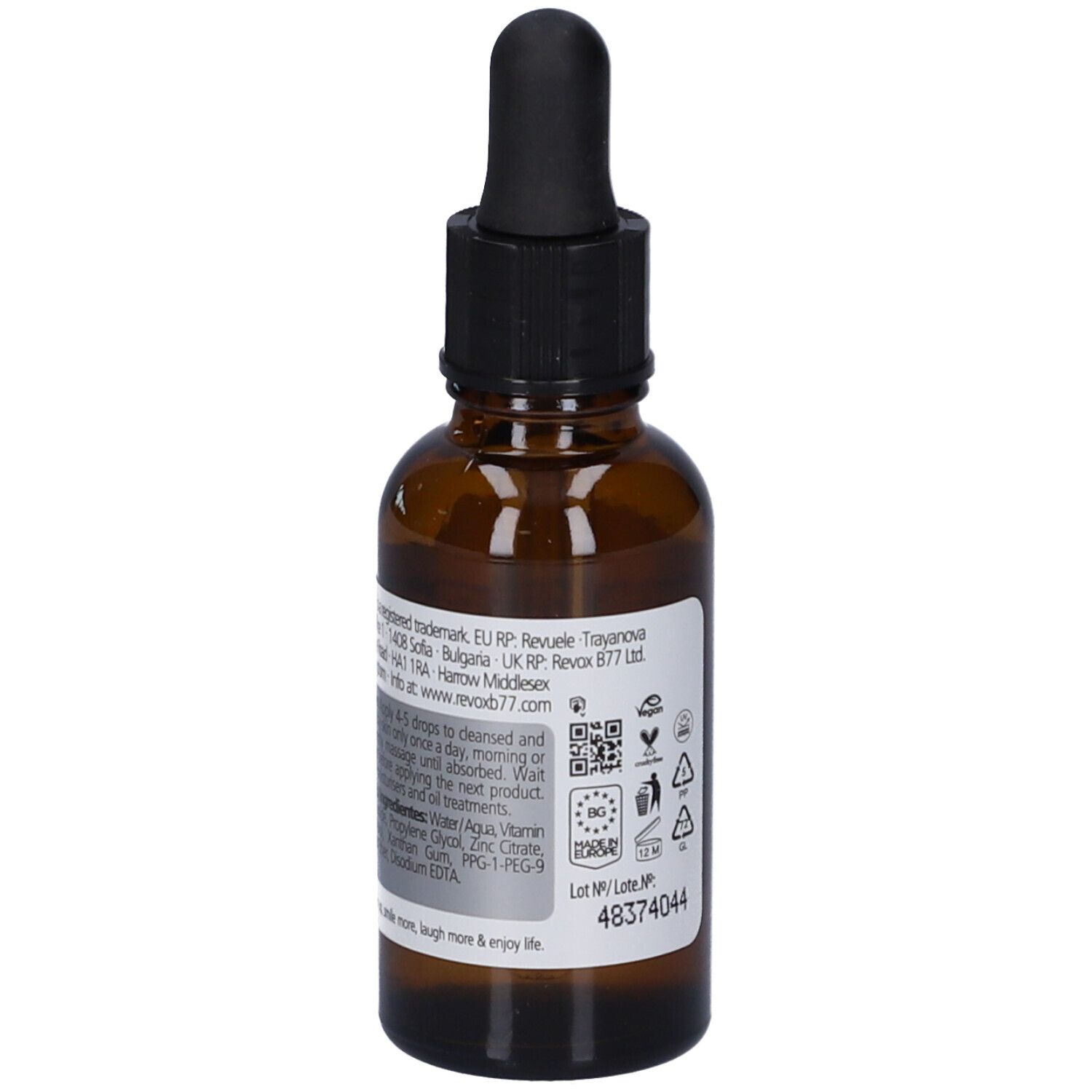 Flacon en verre brun avec compte-gouttes noir. Dos avec étiquette et ingrédients. Revox B77 Just Niacinamide 10%.