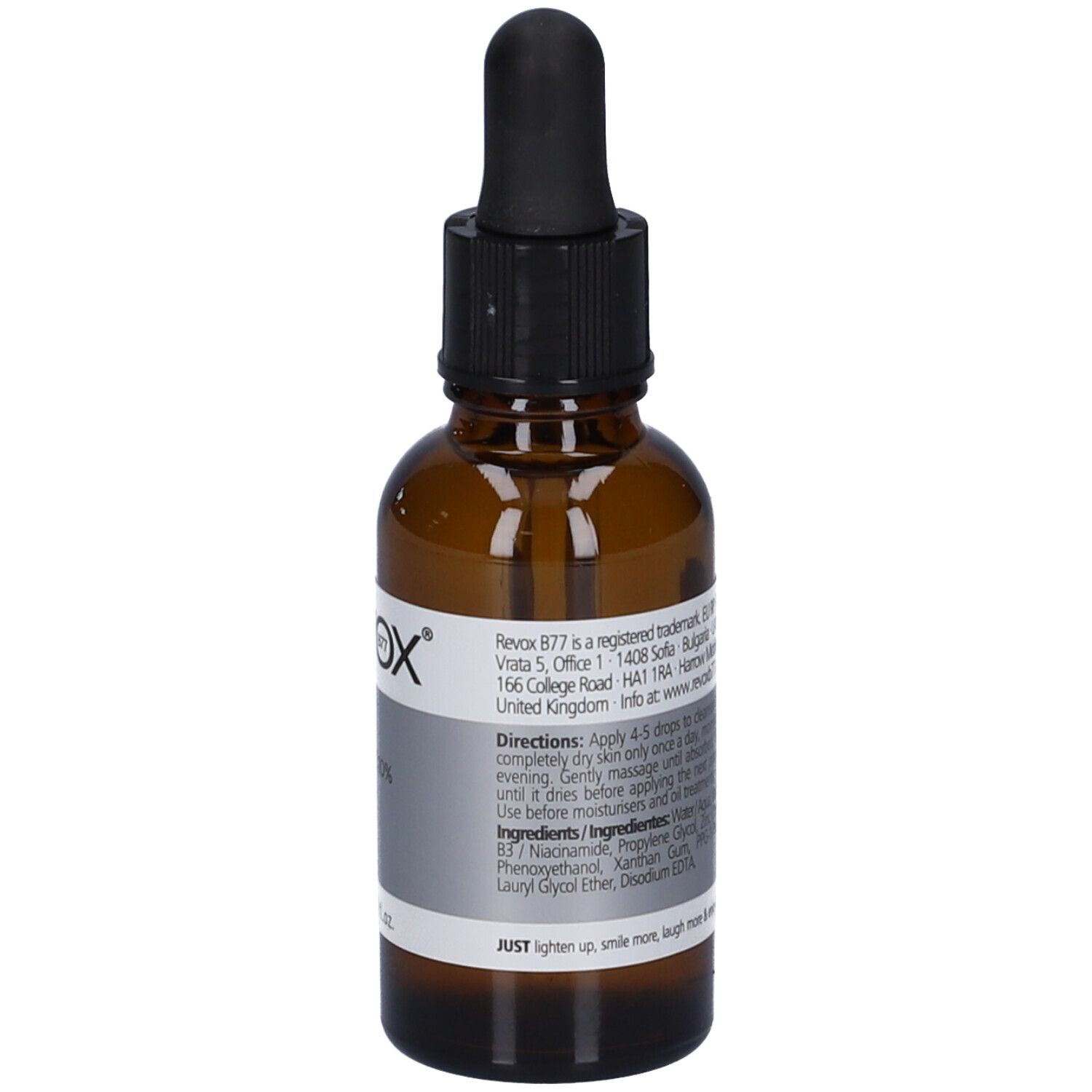 Flacon en verre brun avec compte-gouttes noir. Étiquette avec instructions d'utilisation. Revox B77 Just Niacinamide 10%.
