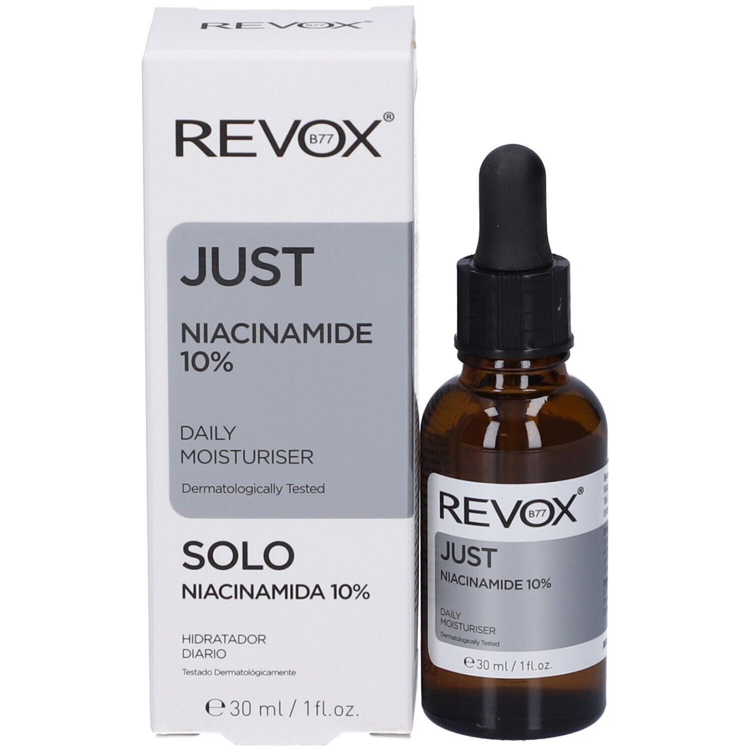 Flacon et emballage. Boîte blanche avec informations produit. Revox B77 Just Niacinamide 10%.