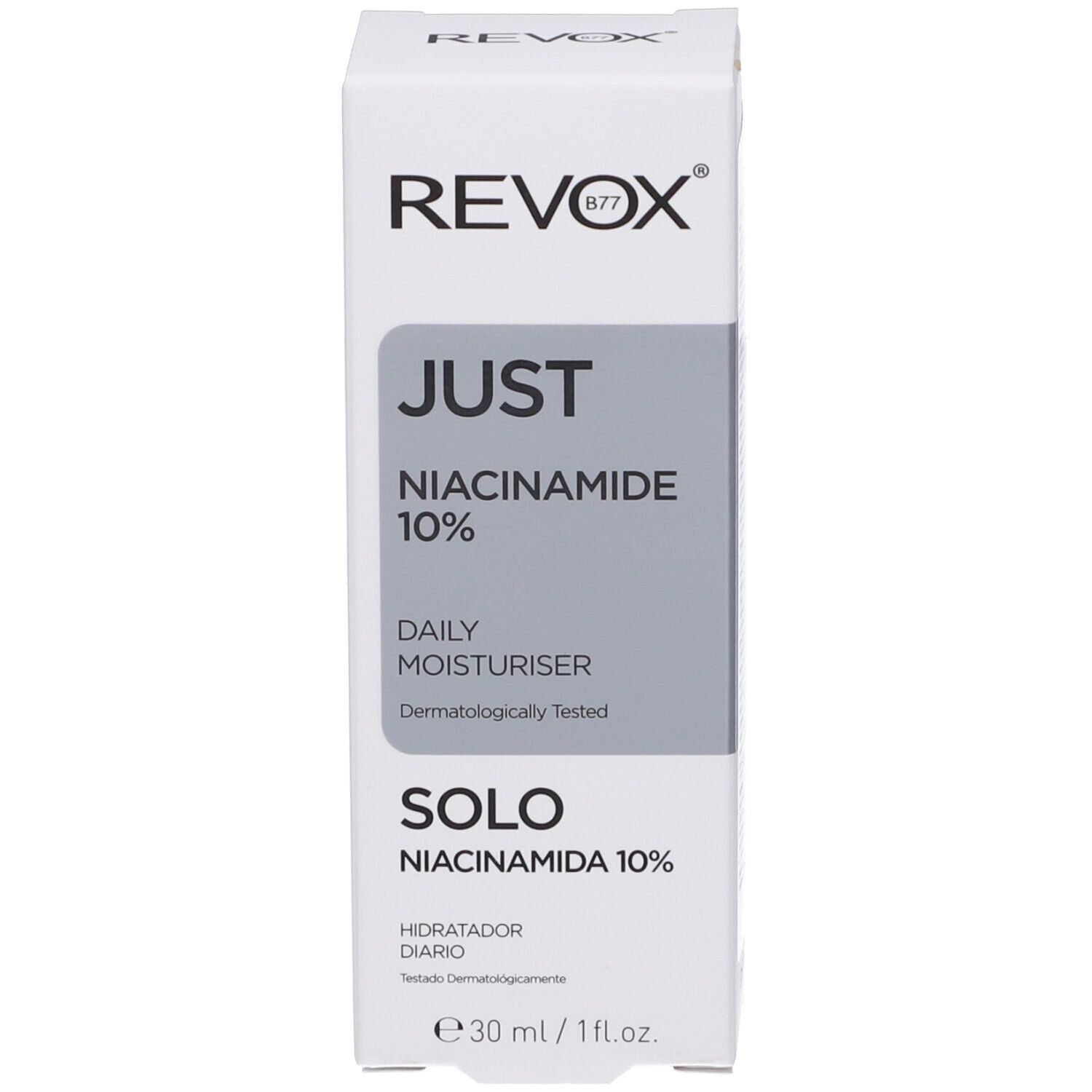 Emballage blanc avec informations produit. Revox B77 Just Niacinamide 10%.