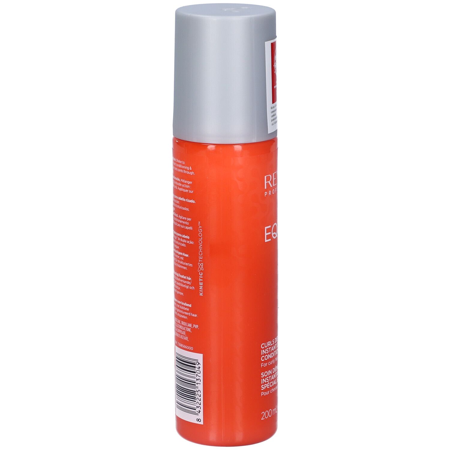 Oranje sprayfles met grijze dop. Achterkant met tekst en barcode. Productnaam: Revlon EQUAVE.