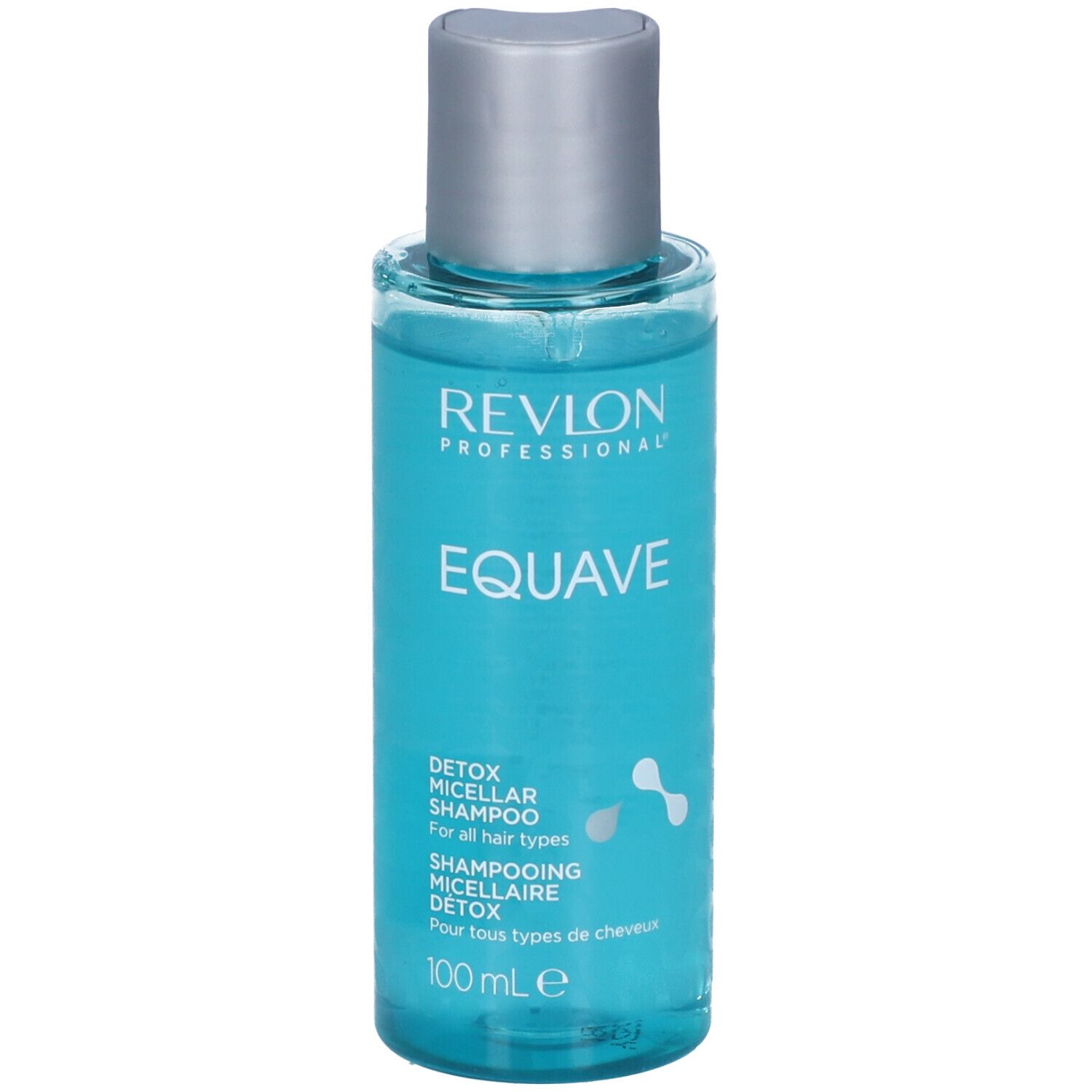 Flacon bleu transparent, bouchon argenté. Inscription: Revlon Professional, Equave, Detox Micellar Shampoo. 100 ml.