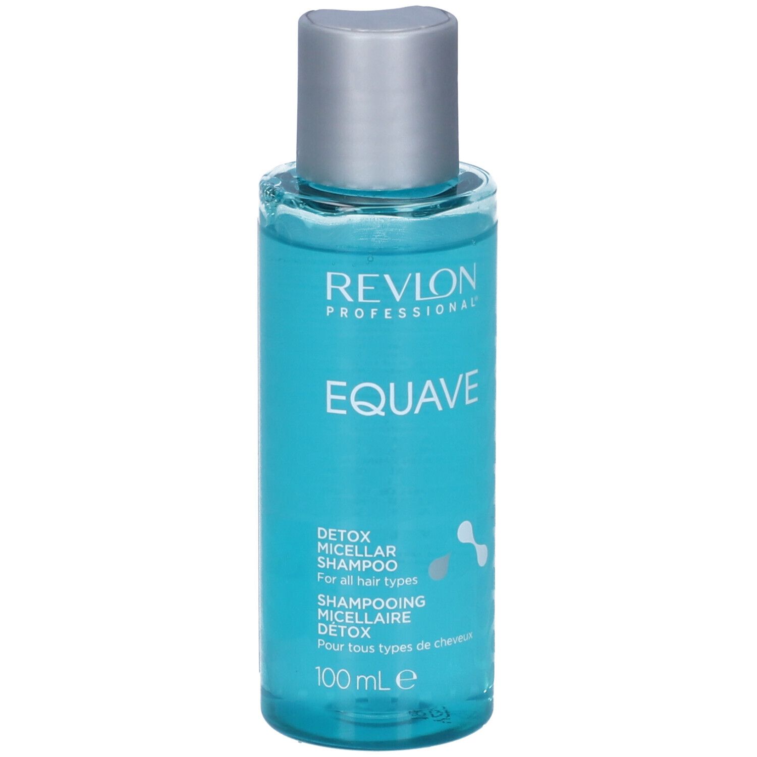 Flacon bleu transparent, bouchon argenté. Inscription: Revlon Professional, Equave, Detox Micellar Shampoo. 100 ml.