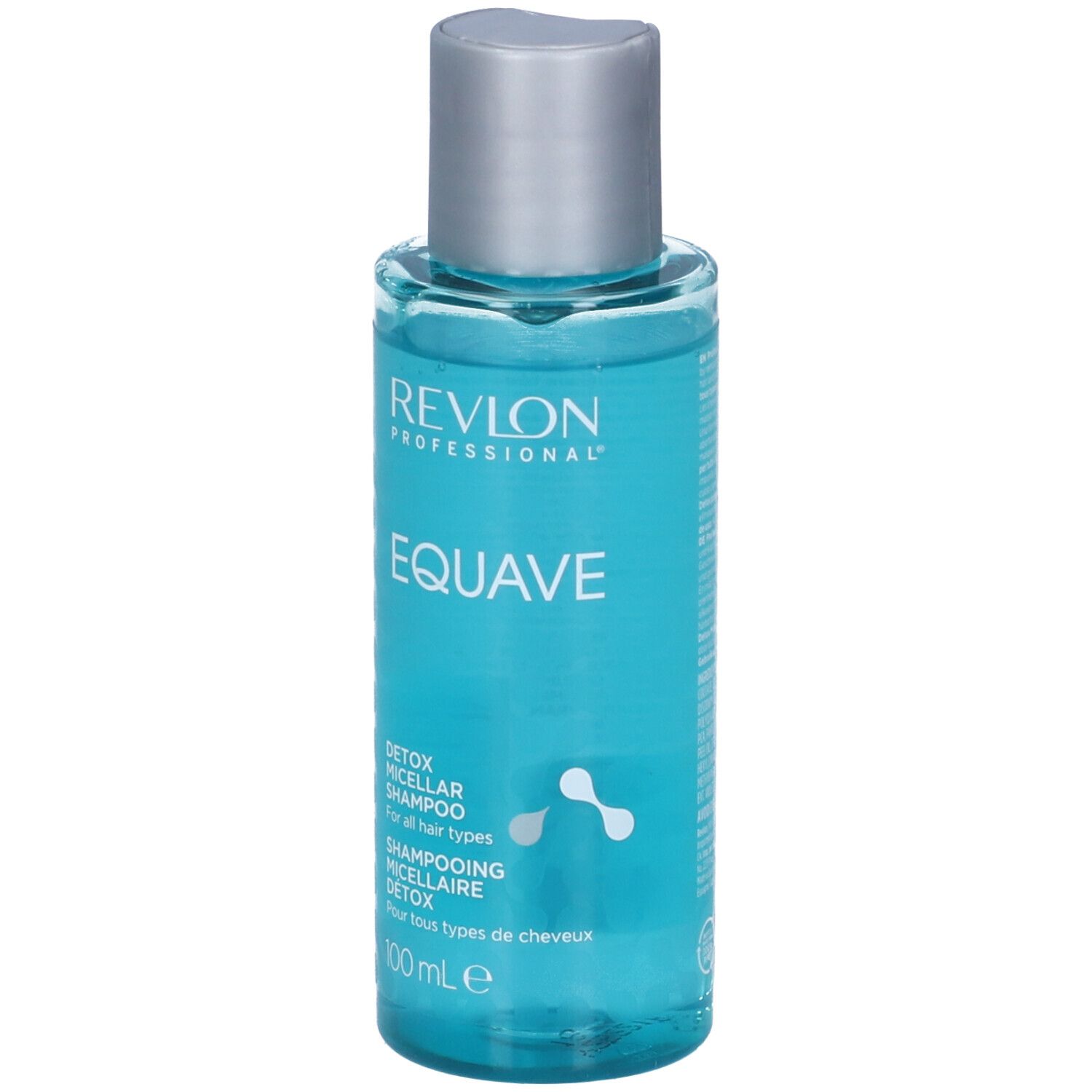 Flacon bleu transparent, bouchon argenté. Inscription: Revlon Professional, Equave, Detox Micellar Shampoo. 100 ml.