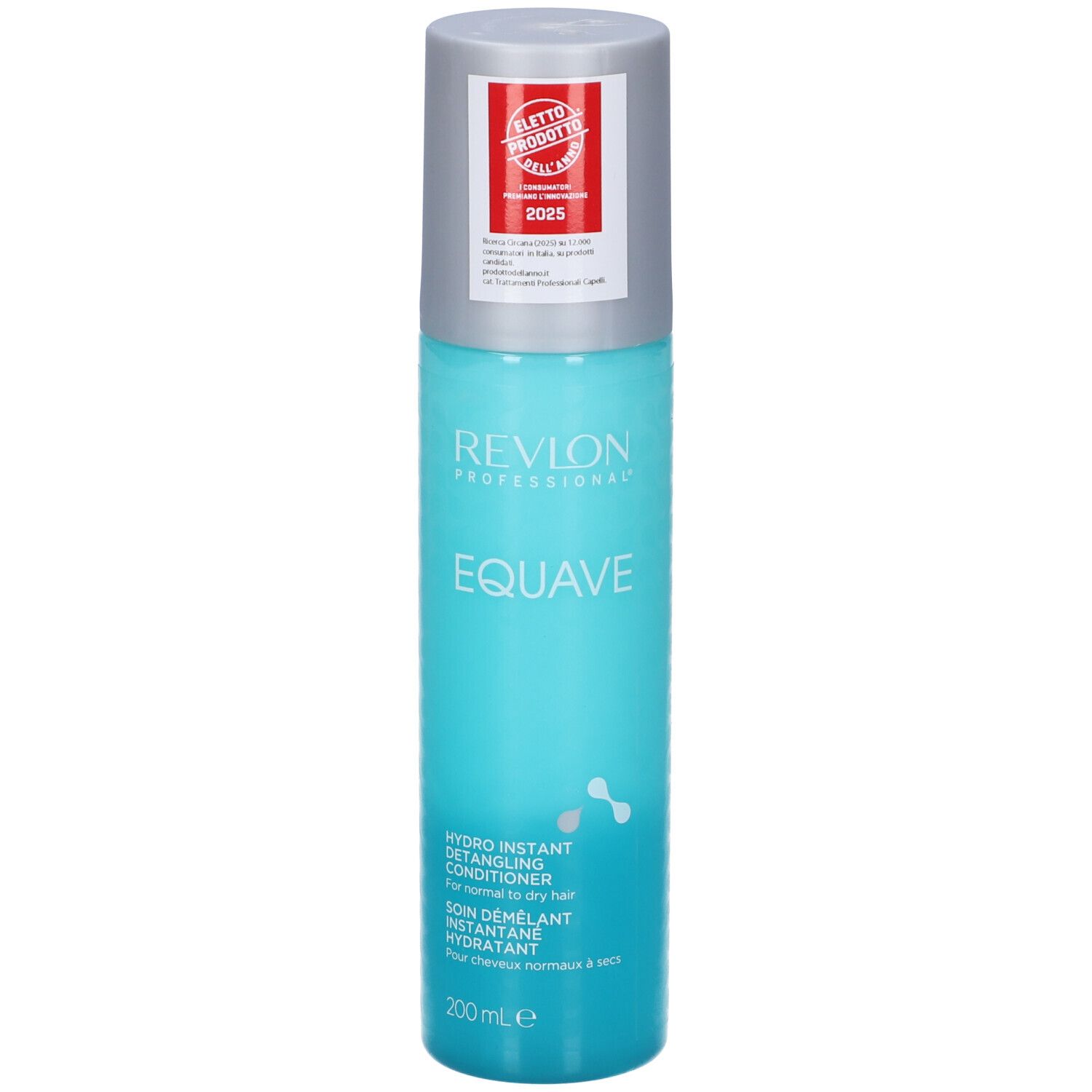 Flacon spray turquoise avec bouchon argenté. Inscription: Revlon EQUAVE. Hydro Instant Detangling Conditioner. 200 ml.