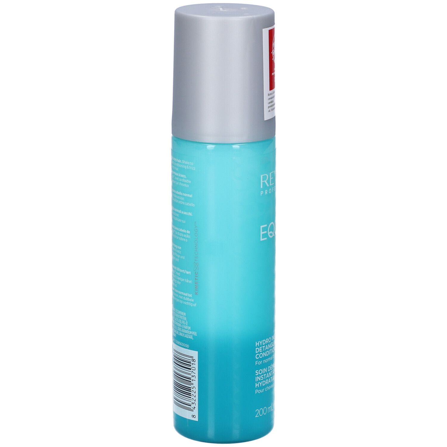 Dos d'un flacon spray turquoise avec bouchon argenté. Texte et code-barres.