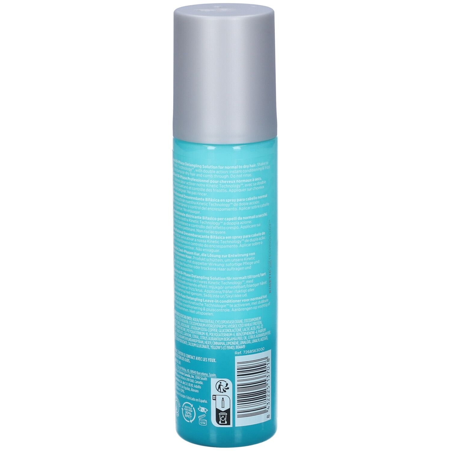 Dos d'un flacon spray turquoise avec bouchon argenté. Texte et code-barres.