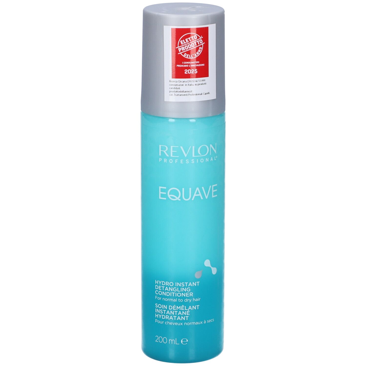 Flacon spray turquoise avec bouchon argenté. Inscription: Revlon EQUAVE. Hydro Instant Detangling Conditioner. 200 ml.