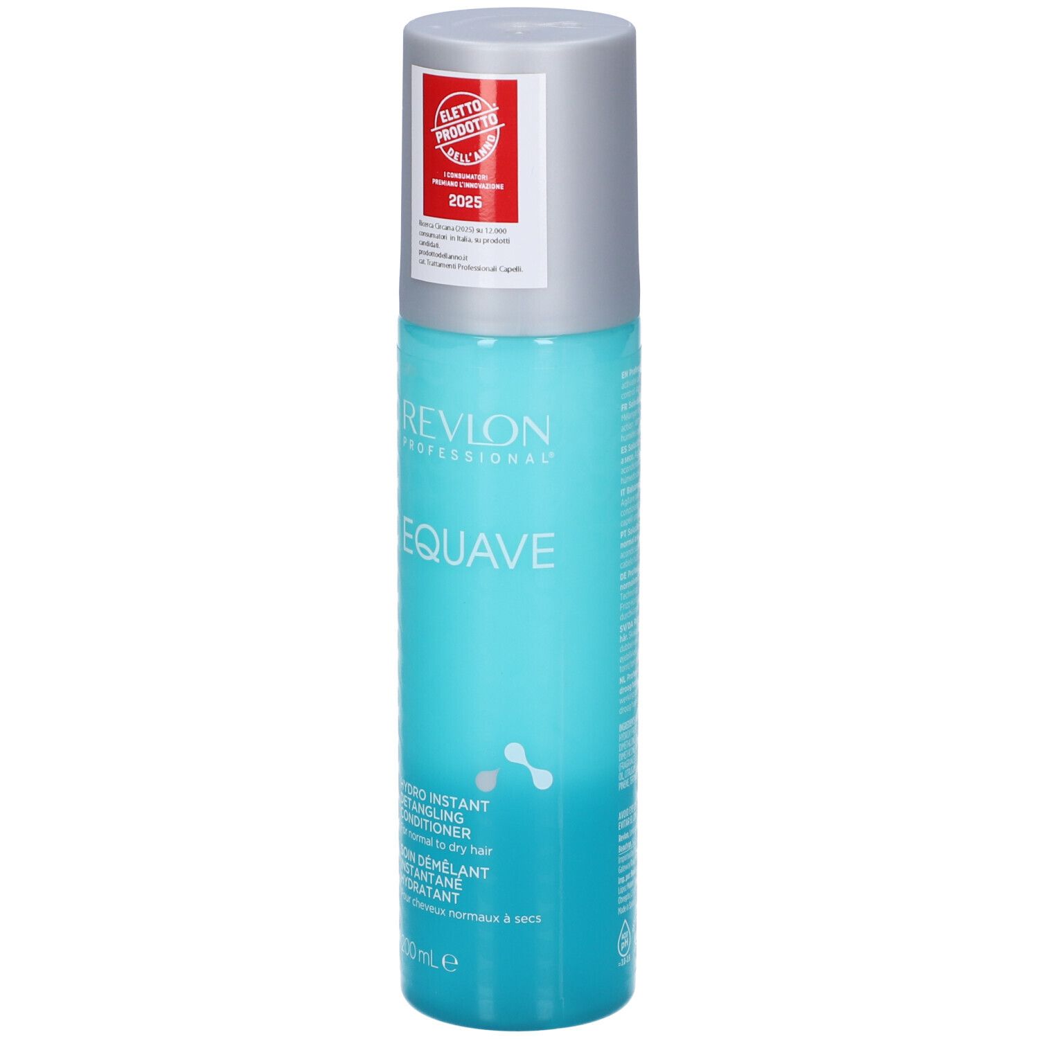 Flacon spray turquoise avec bouchon argenté. Inscription: Revlon EQUAVE. Hydro Instant Detangling Conditioner. 200 ml.