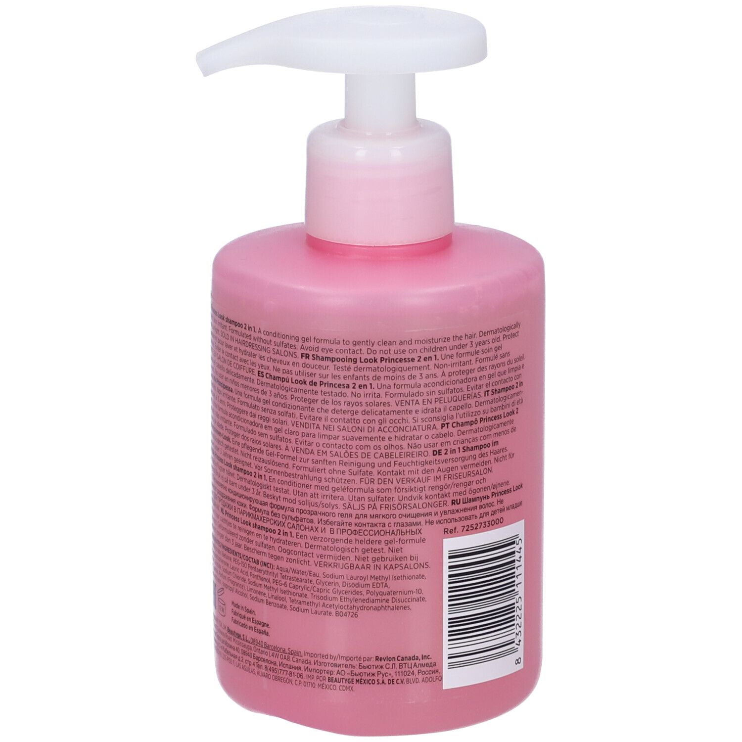 Flacon pompe rose avec shampooing. Contient du texte et un code-barres.