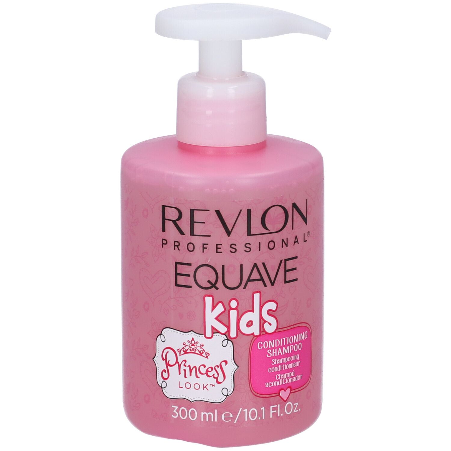 Shampoing conditionneur Revlon Equave Kids Princess Look dans une bouteille rose avec distributeur à pompe, 300 ml.