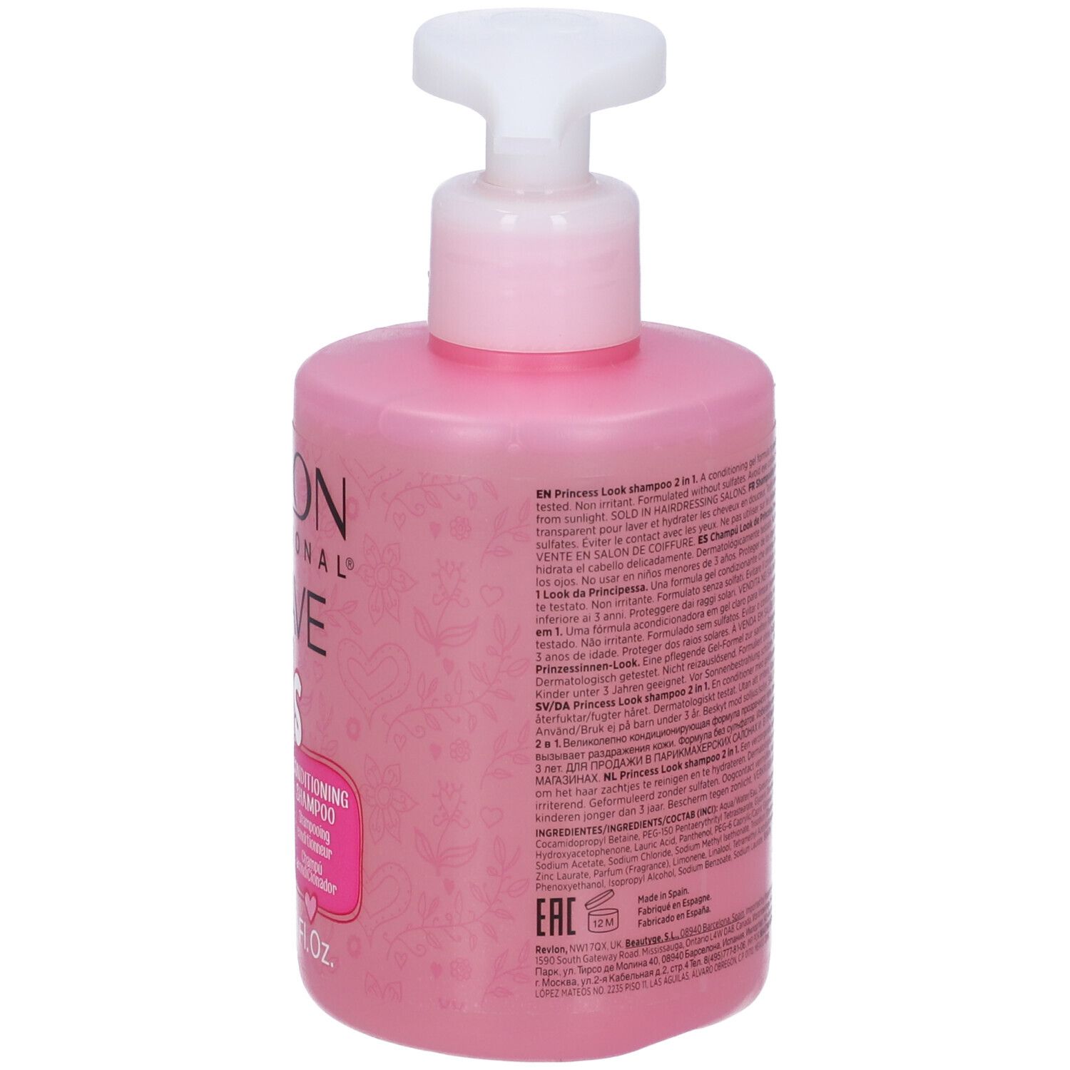 Flacon pompe rose avec shampooing boucles 2-en-1 pour enfants.