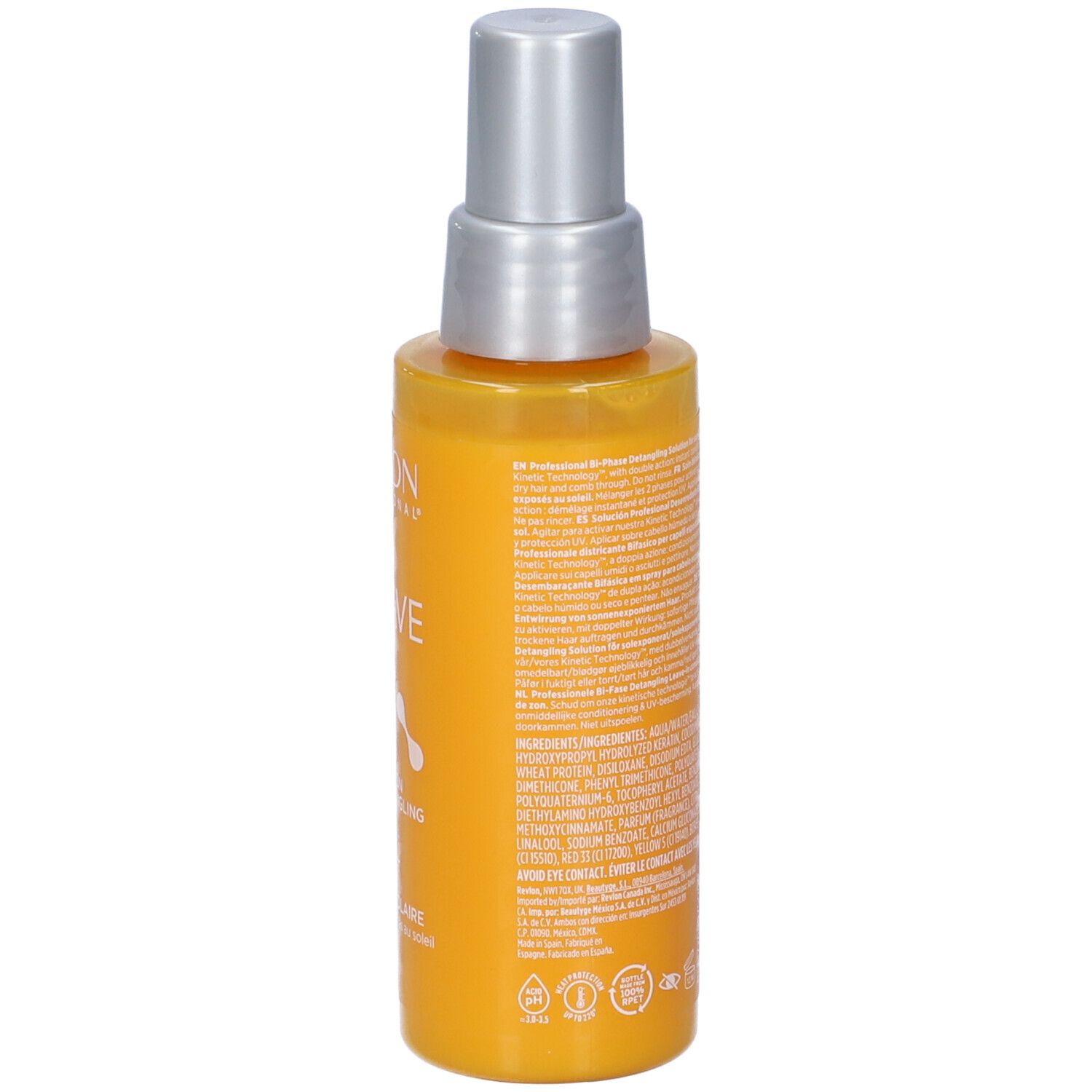 Achterkant van de gele spuitfles. Tekst: ingrediënten, waarschuwingen, barcode. Merk: Revlon EQUAVE.