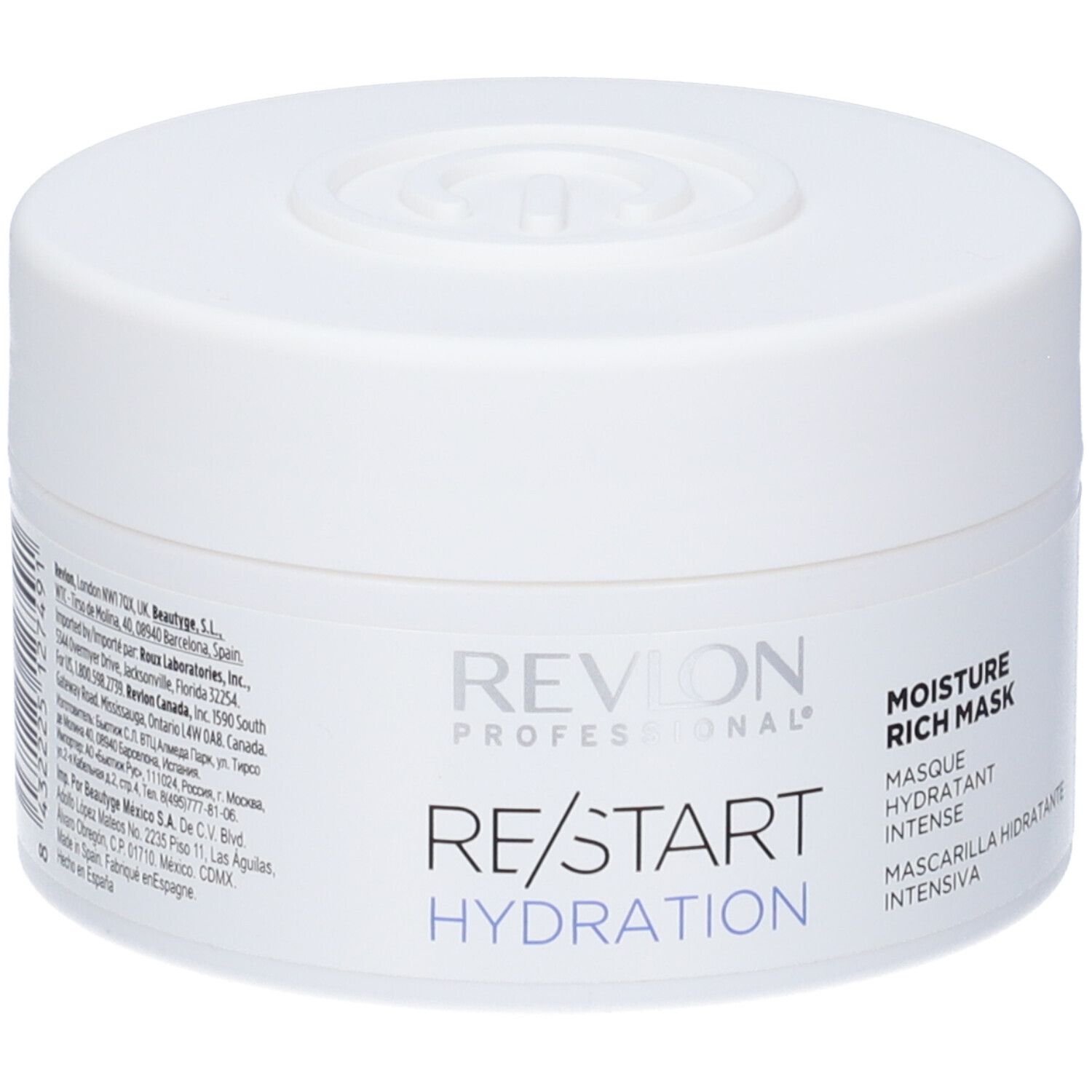 Pot blanc avec couvercle. Inscription: RE/START HYDRATION, MOISTURE RICH MASK. Accents bleus.