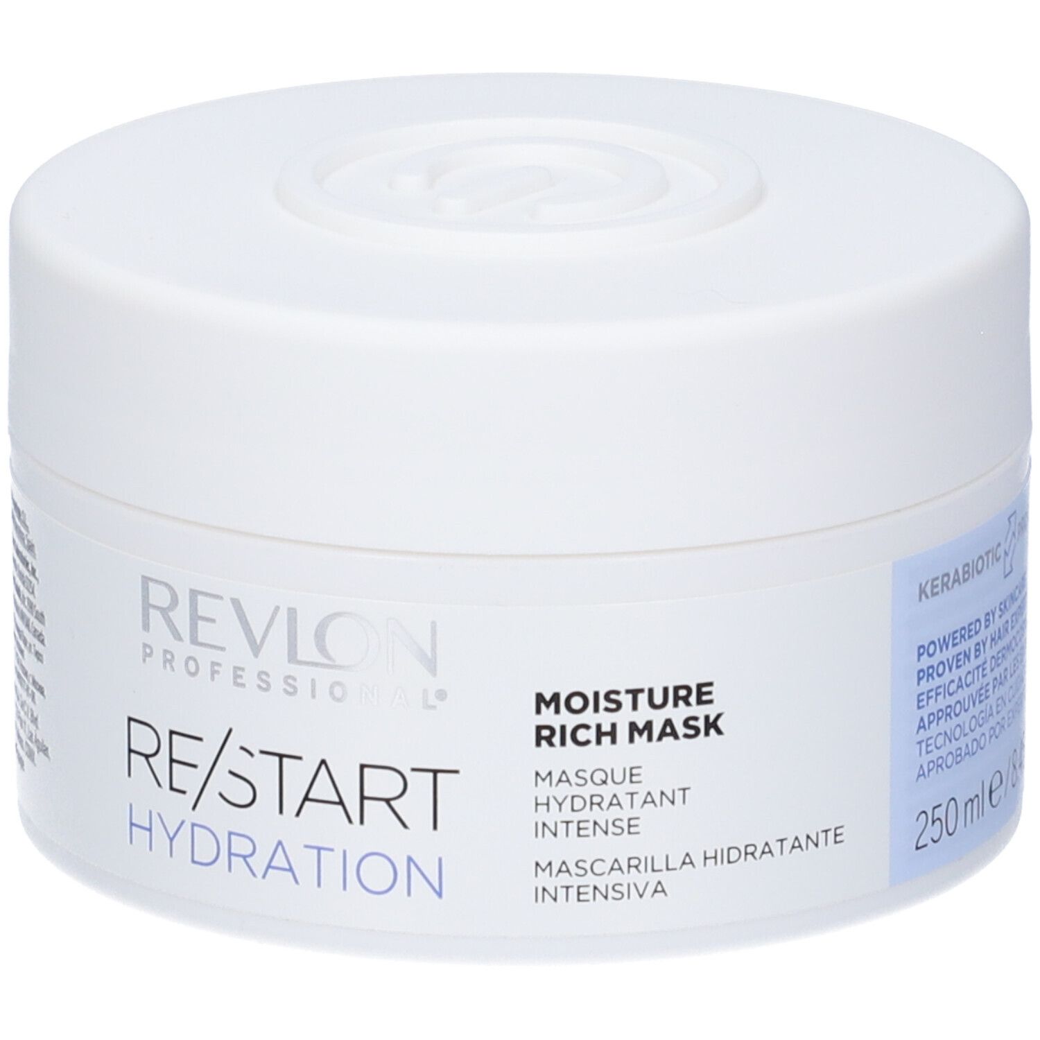 Pot blanc avec couvercle. Inscription: RE/START HYDRATION, MOISTURE RICH MASK. 250 ml.