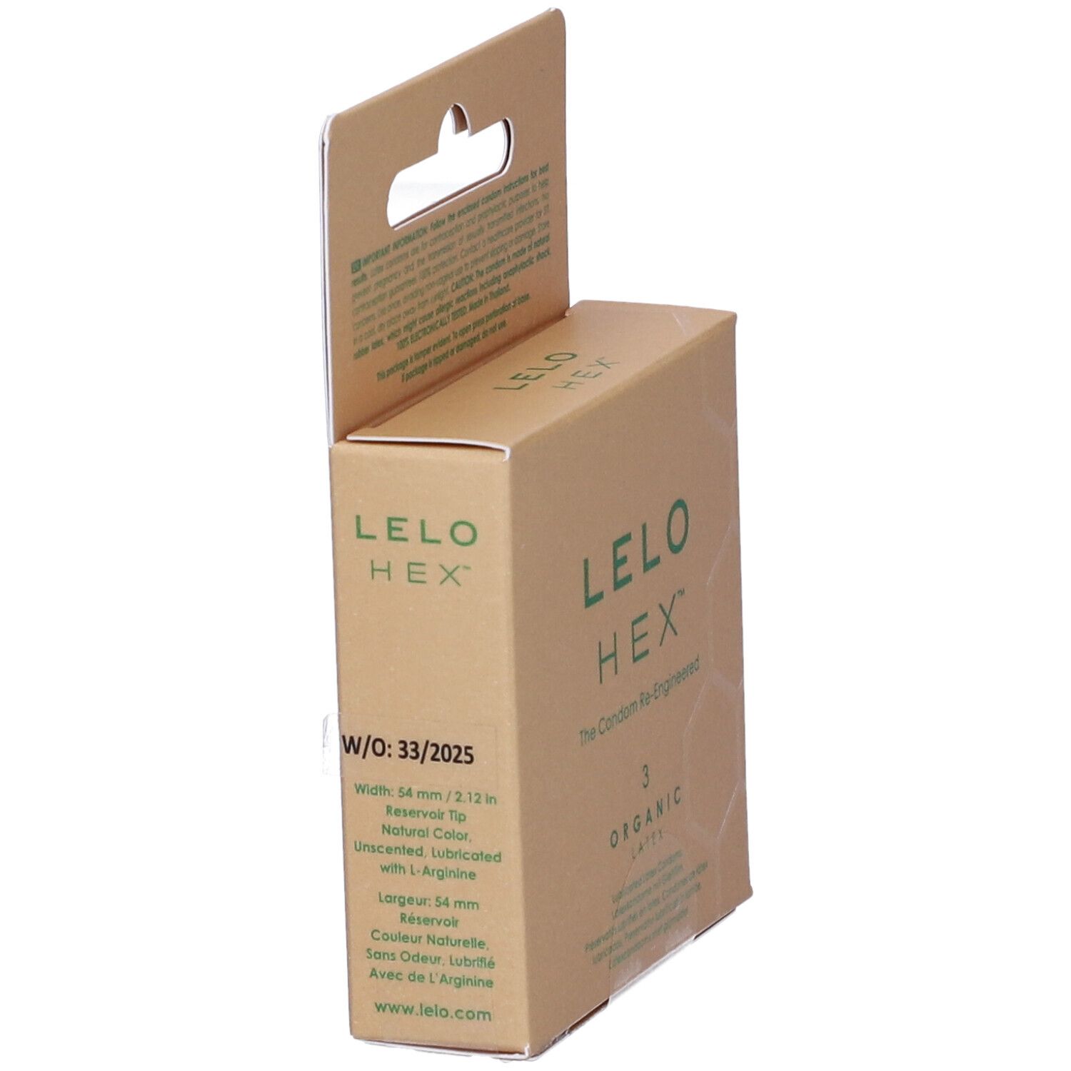 Kartonnen verpakking LELO HEX, zijaanzicht. Bevat 3 condooms. Opschrift: The Condom Re-Engineered. Met informatie over maat en ingrediënten.