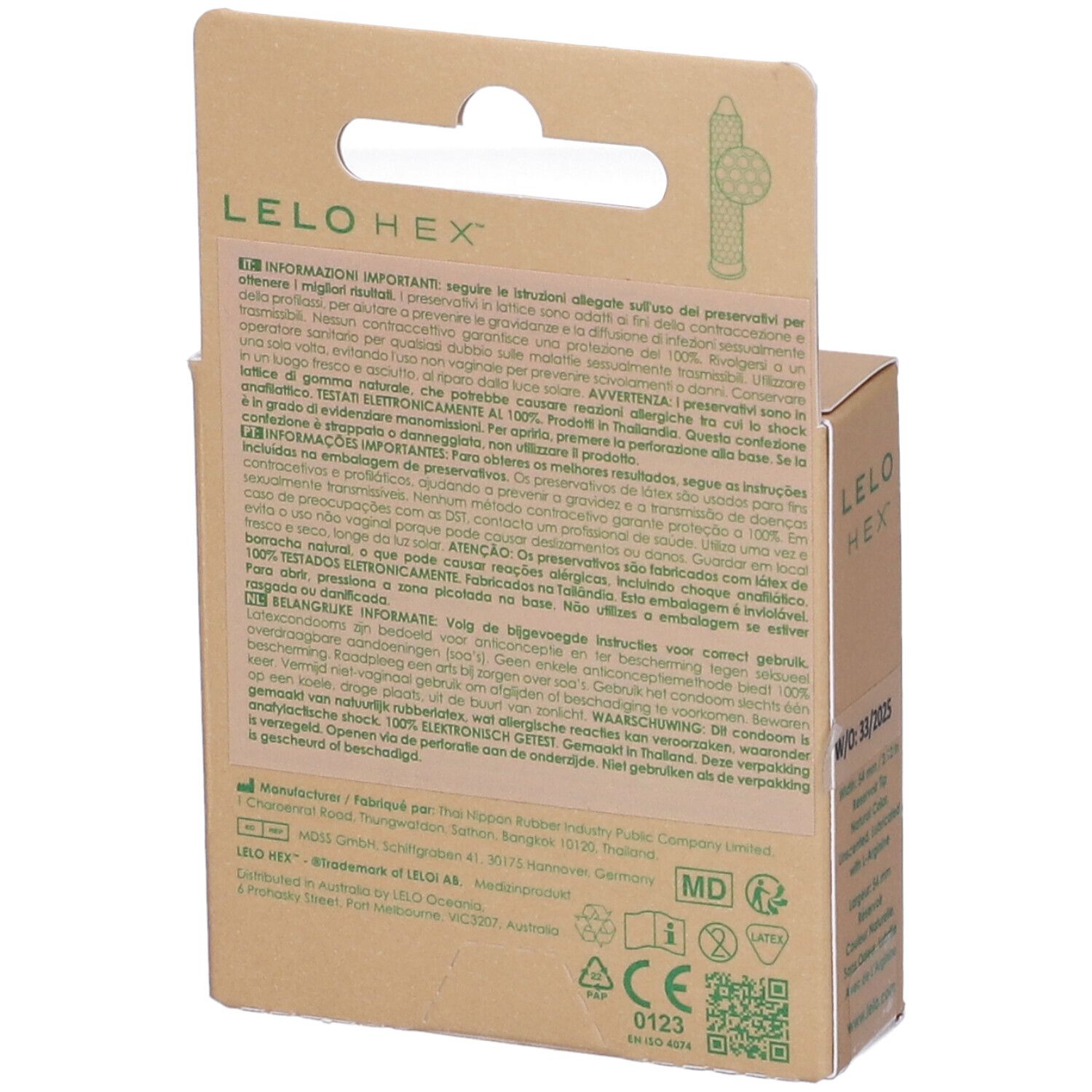 Achterkant van de LELO HEX kartonnen verpakking. Tekst in meerdere talen. Bevat informatie over ingrediënten en fabrikant.