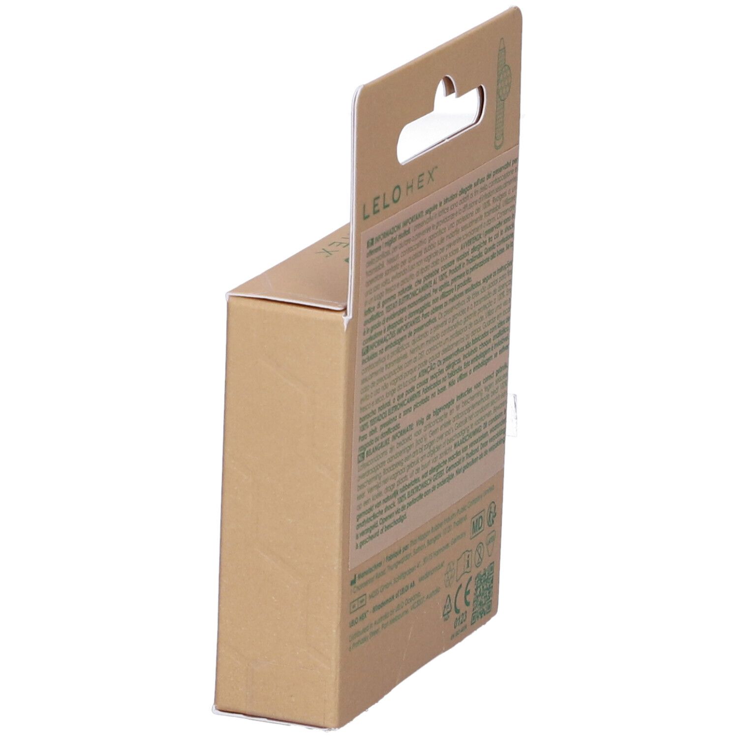 Zijaanzicht van de LELO HEX kartonnen verpakking. Tekst en logo. Bevat informatie over ingrediënten en fabrikant.