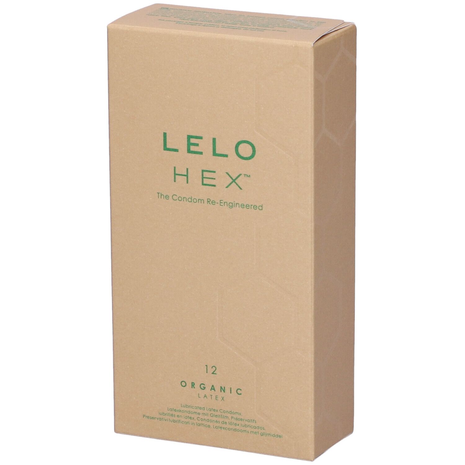 Kartonnen verpakking met LELO HEX-logo en opschrift "Organic Latex". Bevat 12 condooms.