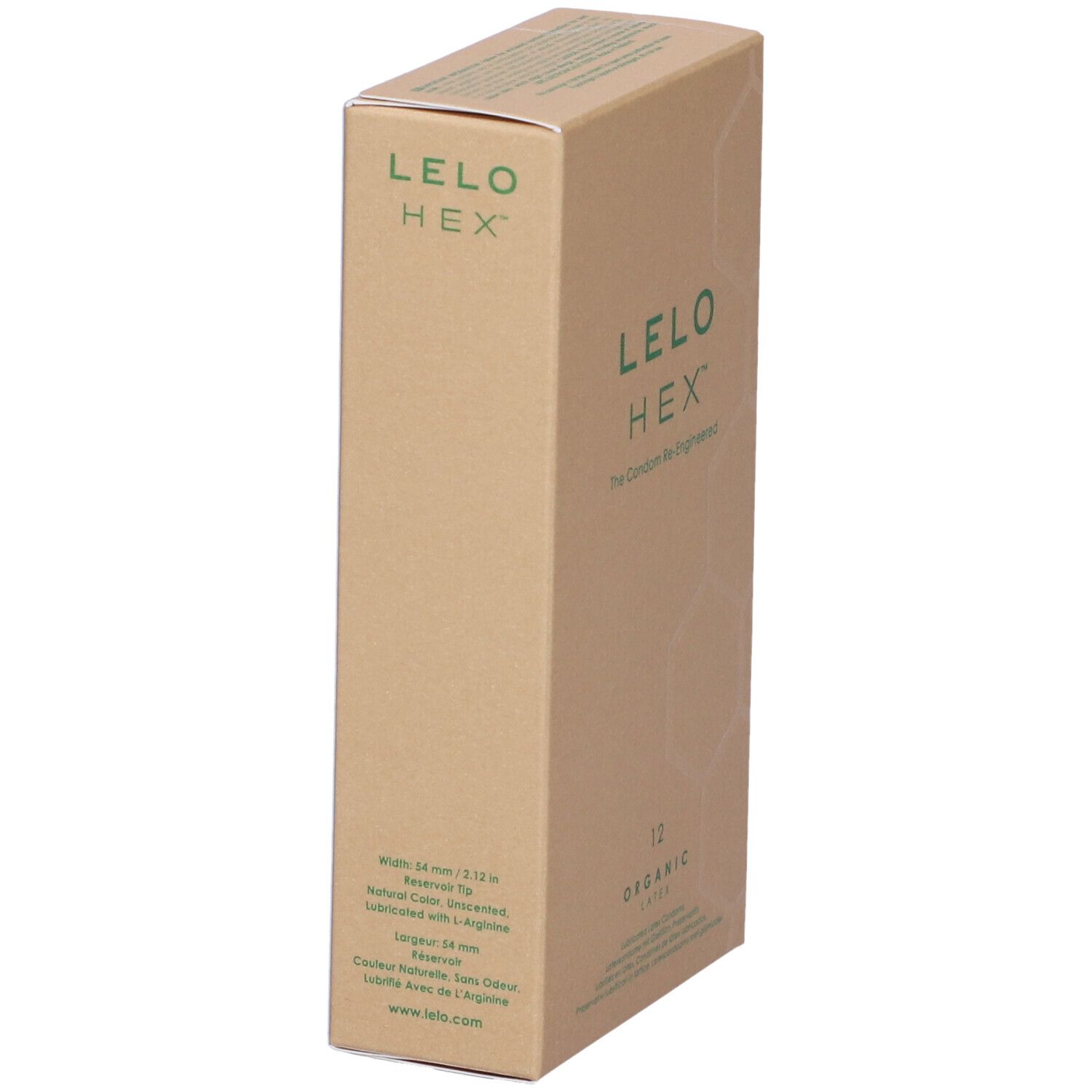 Kartonnen verpakking met LELO HEX-logo en productinformatie. Bevat 12 condooms.