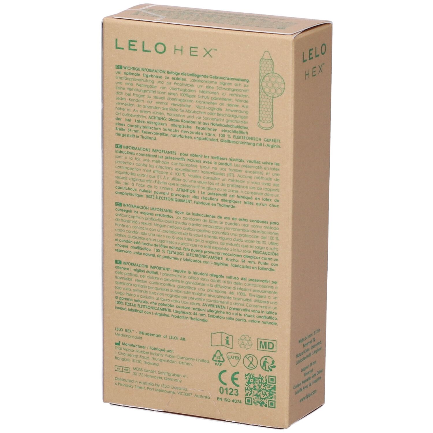 Achterkant van de kartonnen verpakking met productinformatie, certificeringen en QR-code. LELO HEX.