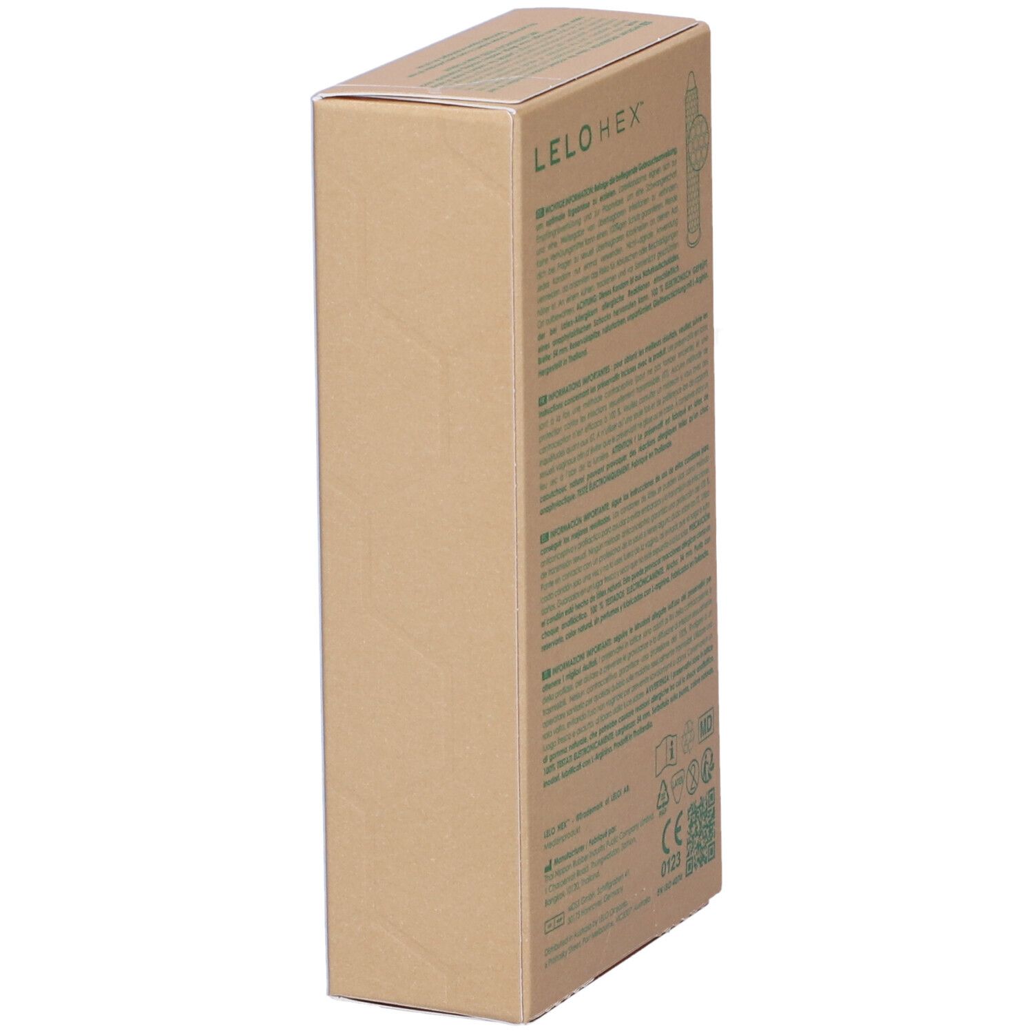 Kartonnen verpakking met productinformatie en certificeringen. LELO HEX.