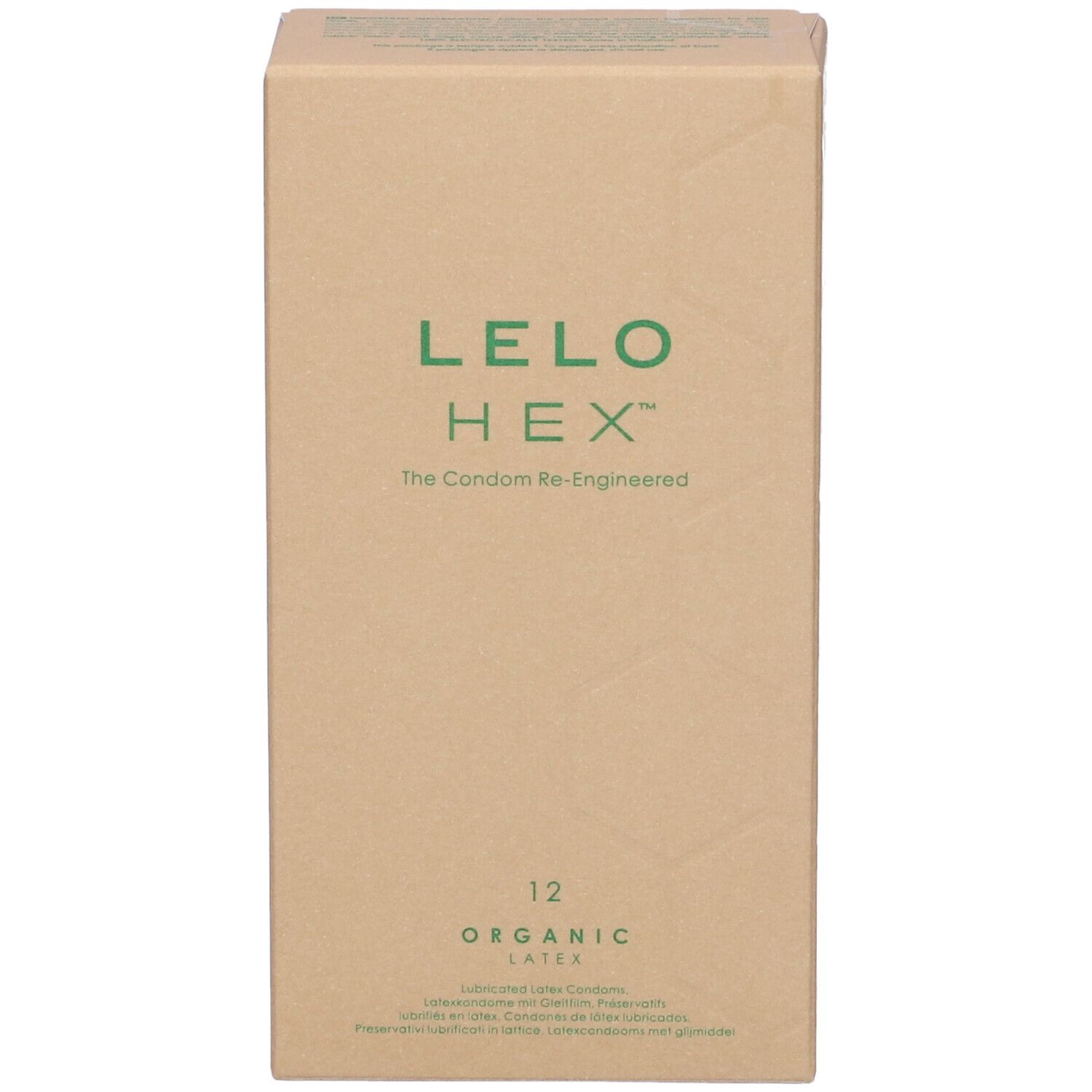 Kartonnen verpakking met LELO HEX-logo en opschrift "Organic Latex". Bevat 12 condooms.