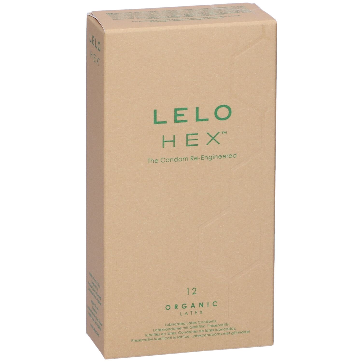 Kartonnen verpakking met LELO HEX-logo en opschrift "Organic Latex". Bevat 12 condooms.