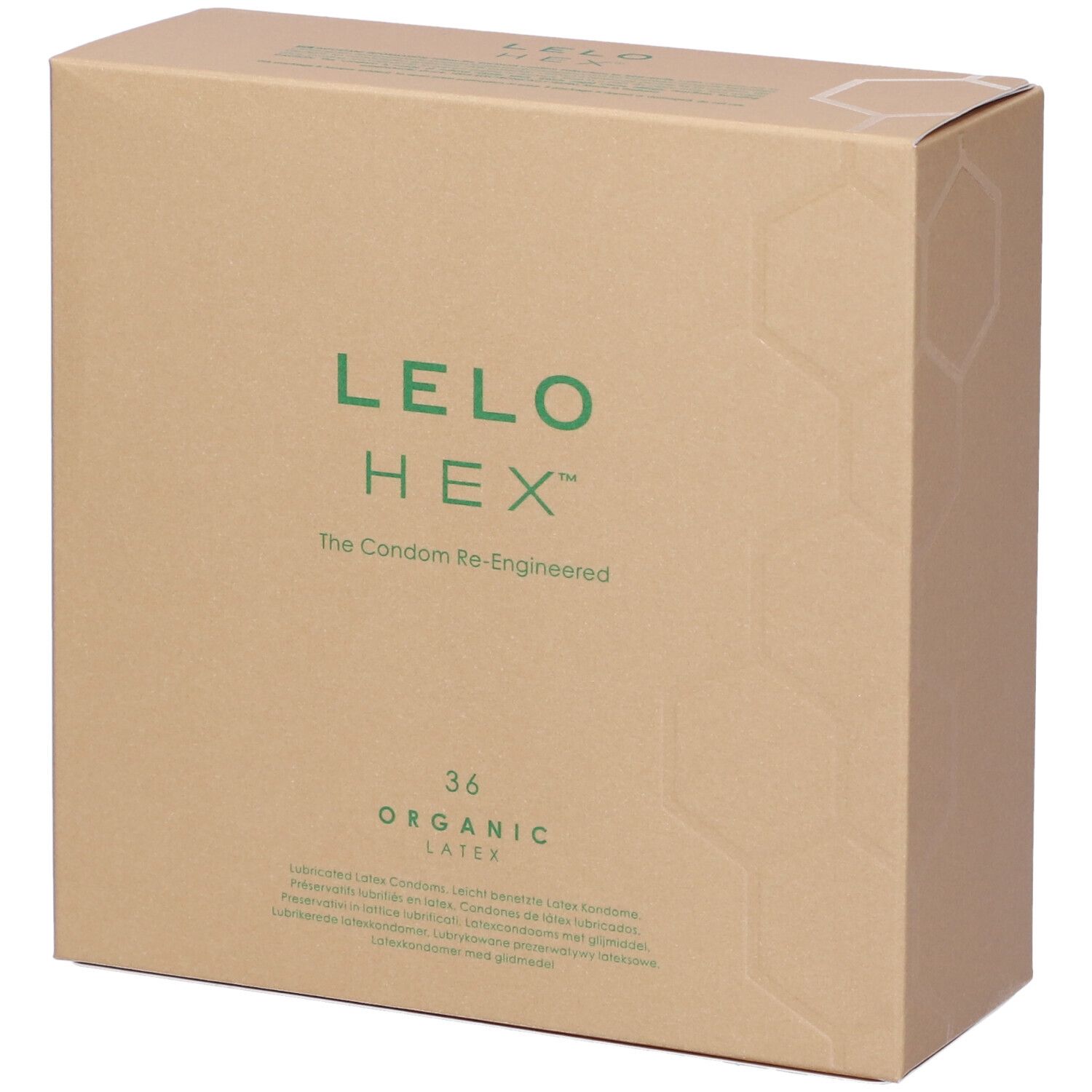 Kartonnen doos met groen LELO HEX logo. Tekst: 36 Organic Latex. Bruine verpakking.
