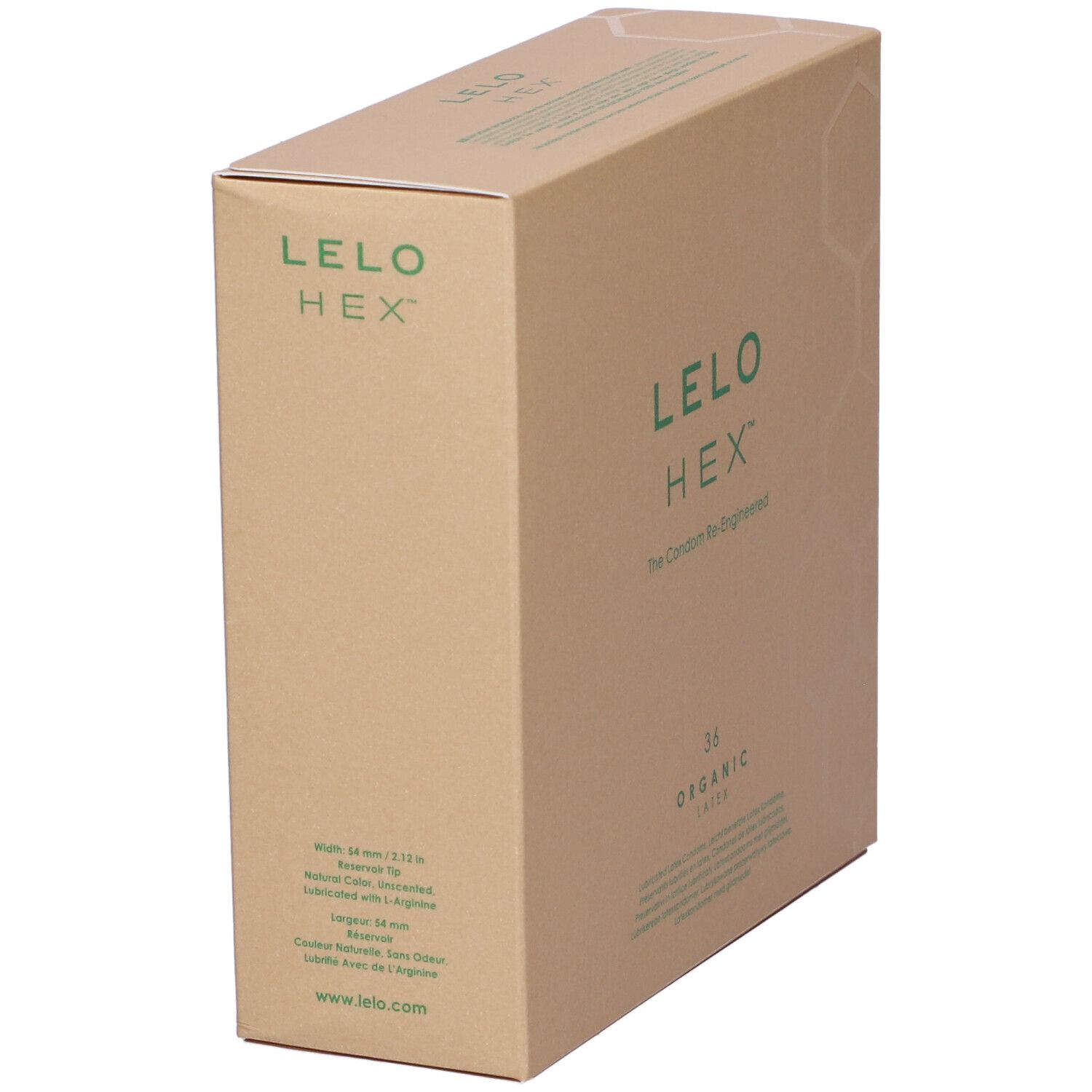Bruine kartonnen doos met groen LELO HEX logo. Tekst: 36 Organic Latex. Schuine weergave.