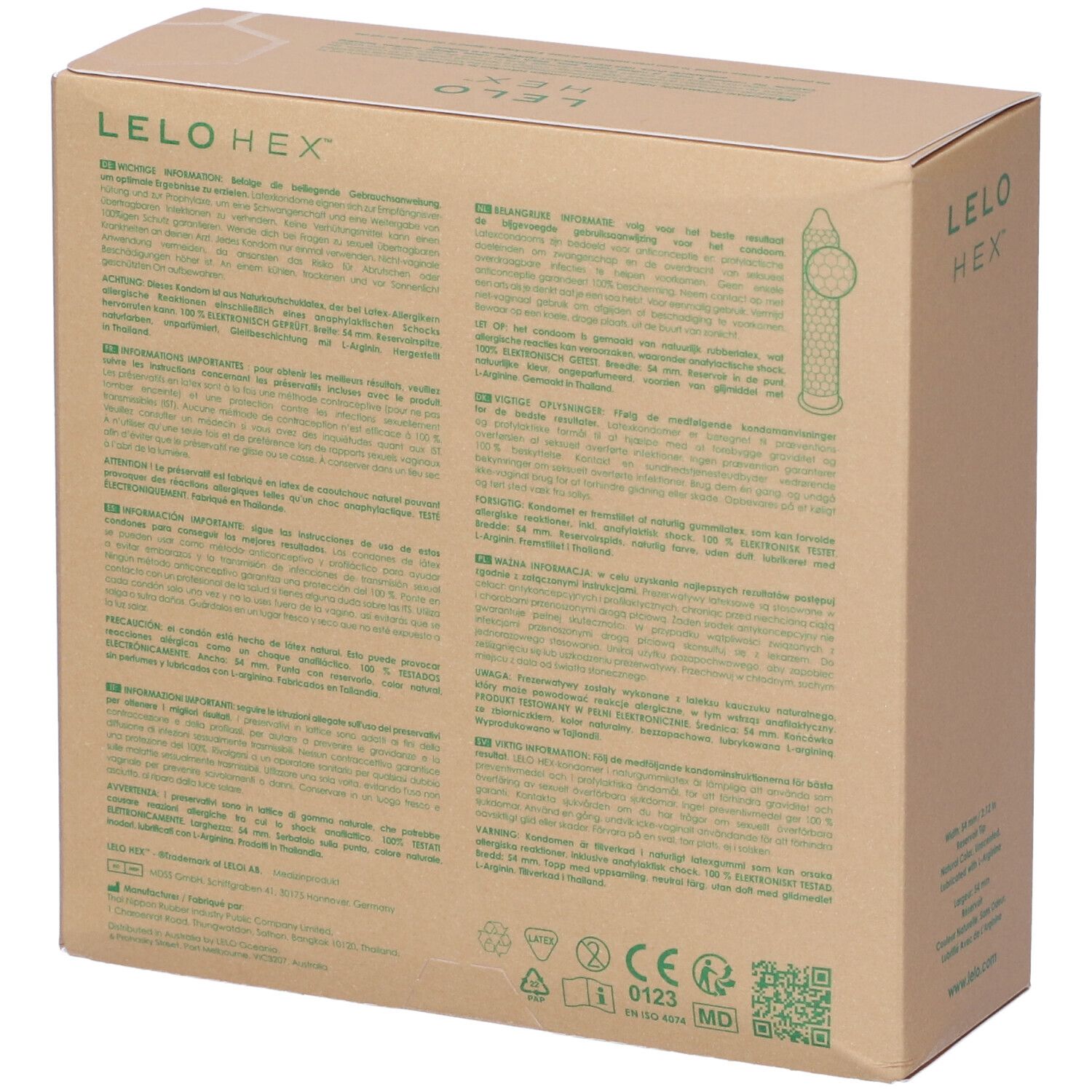 Achterkant van de kartonnen doos met meertalige tekst. Groen LELO HEX logo.