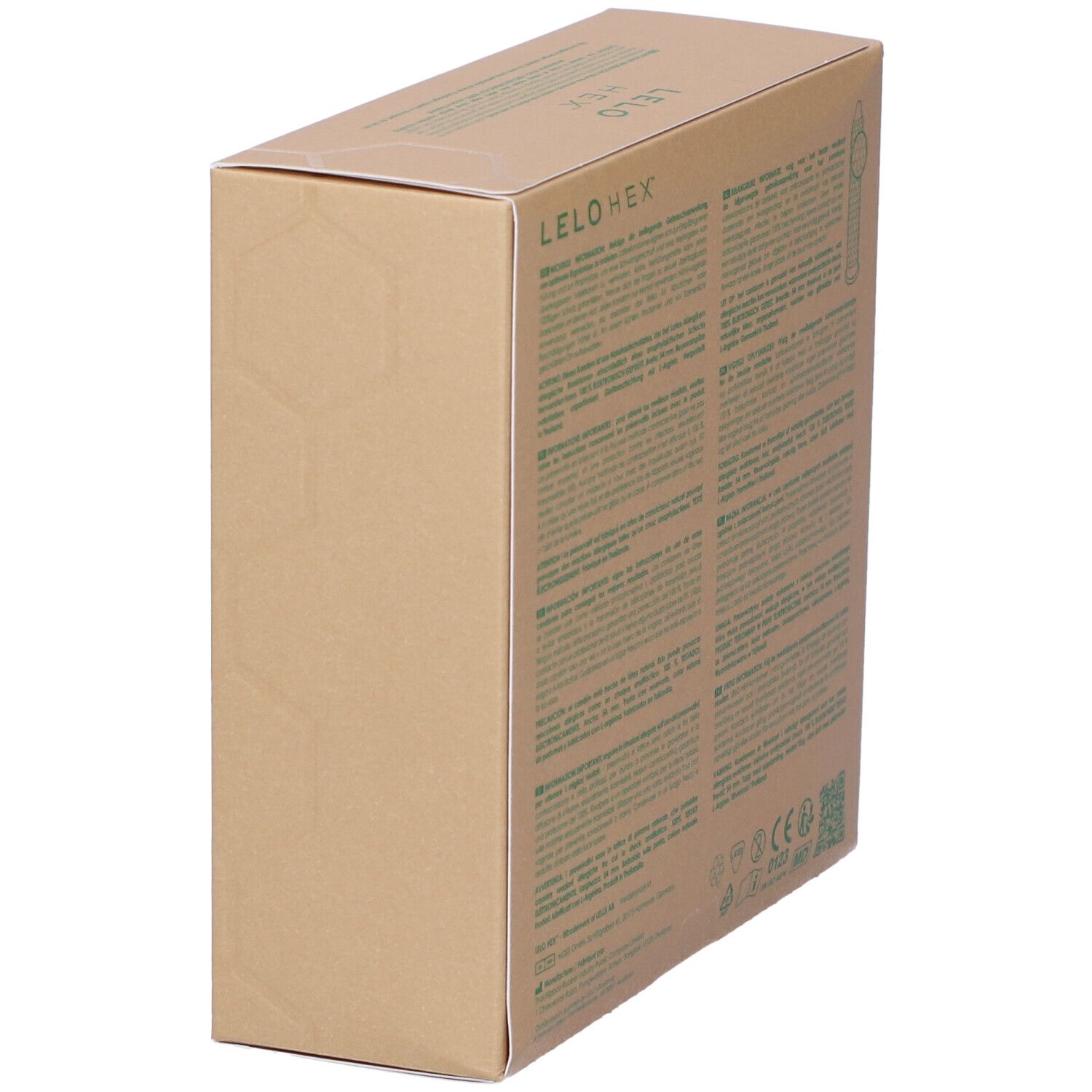 Bruine kartonnen doos met meertalige tekst. Groen LELO HEX logo. Schuine weergave.